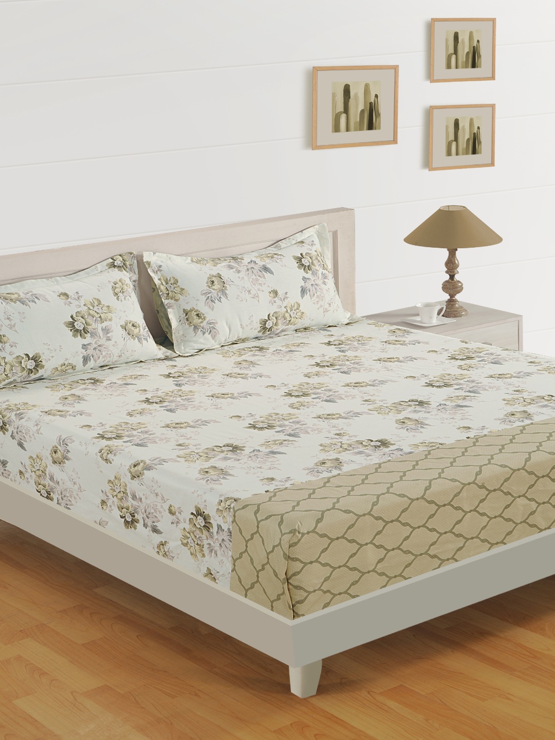 

SWAYAM Off-White & Grey Floral 250 TC Cotton 1 Queen Bedsheet with 2 Pillow Covers