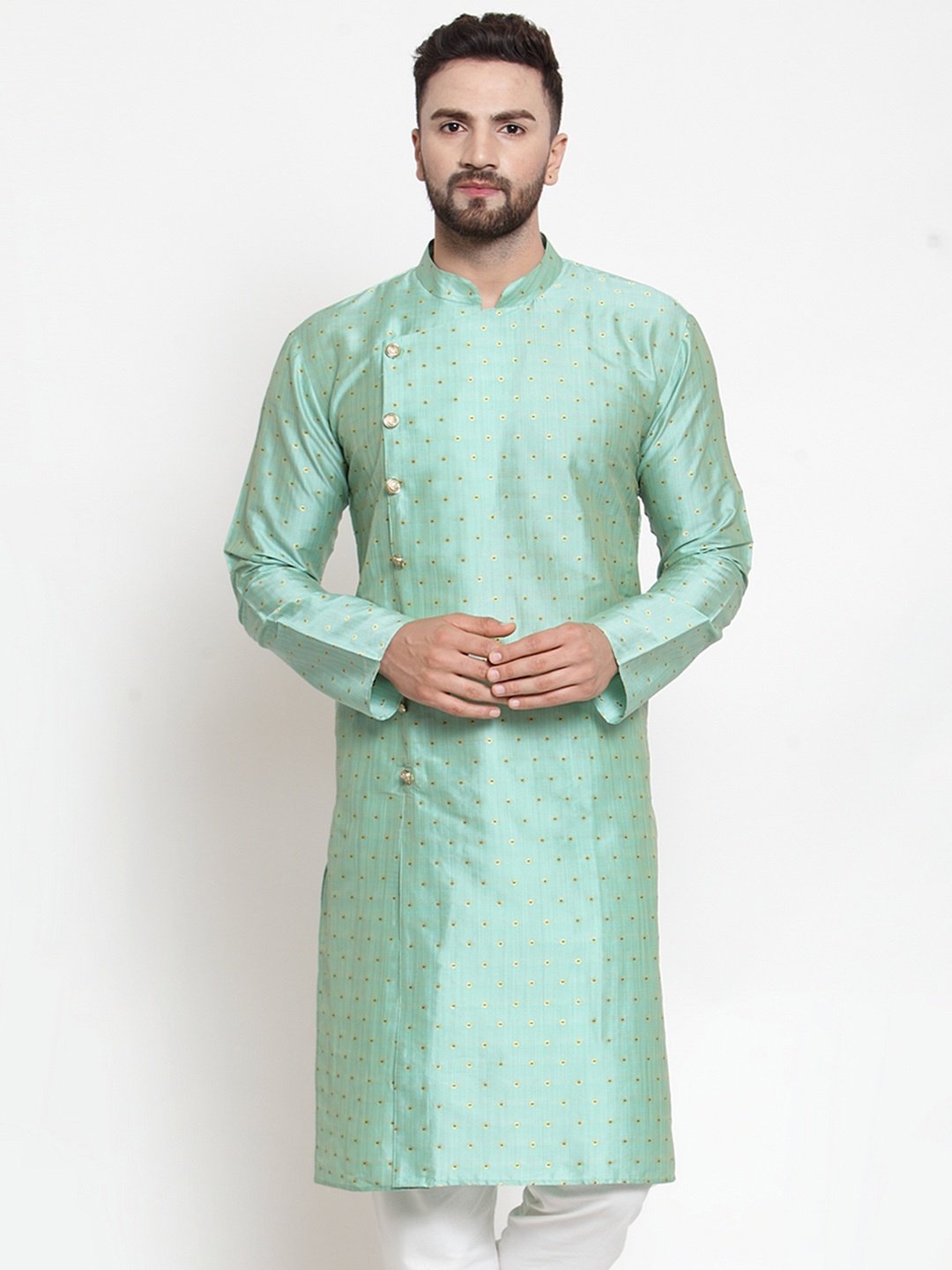 

Jompers Men Turquoise Blue Jacquard Weave Woven Design Straight Kurta