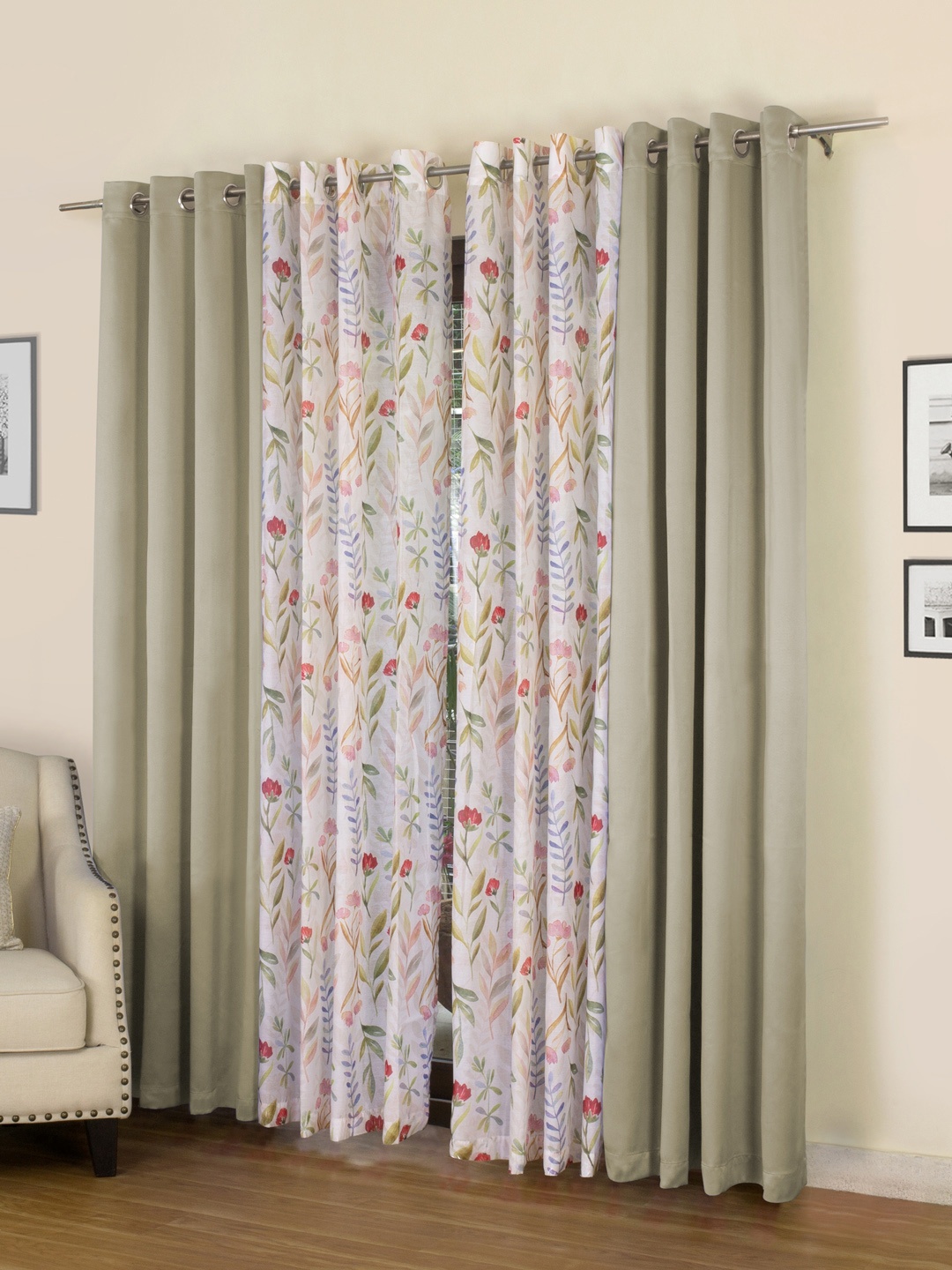 

ROSARA HOME Taupe and Off-White Set of 4 Long Door Curtains