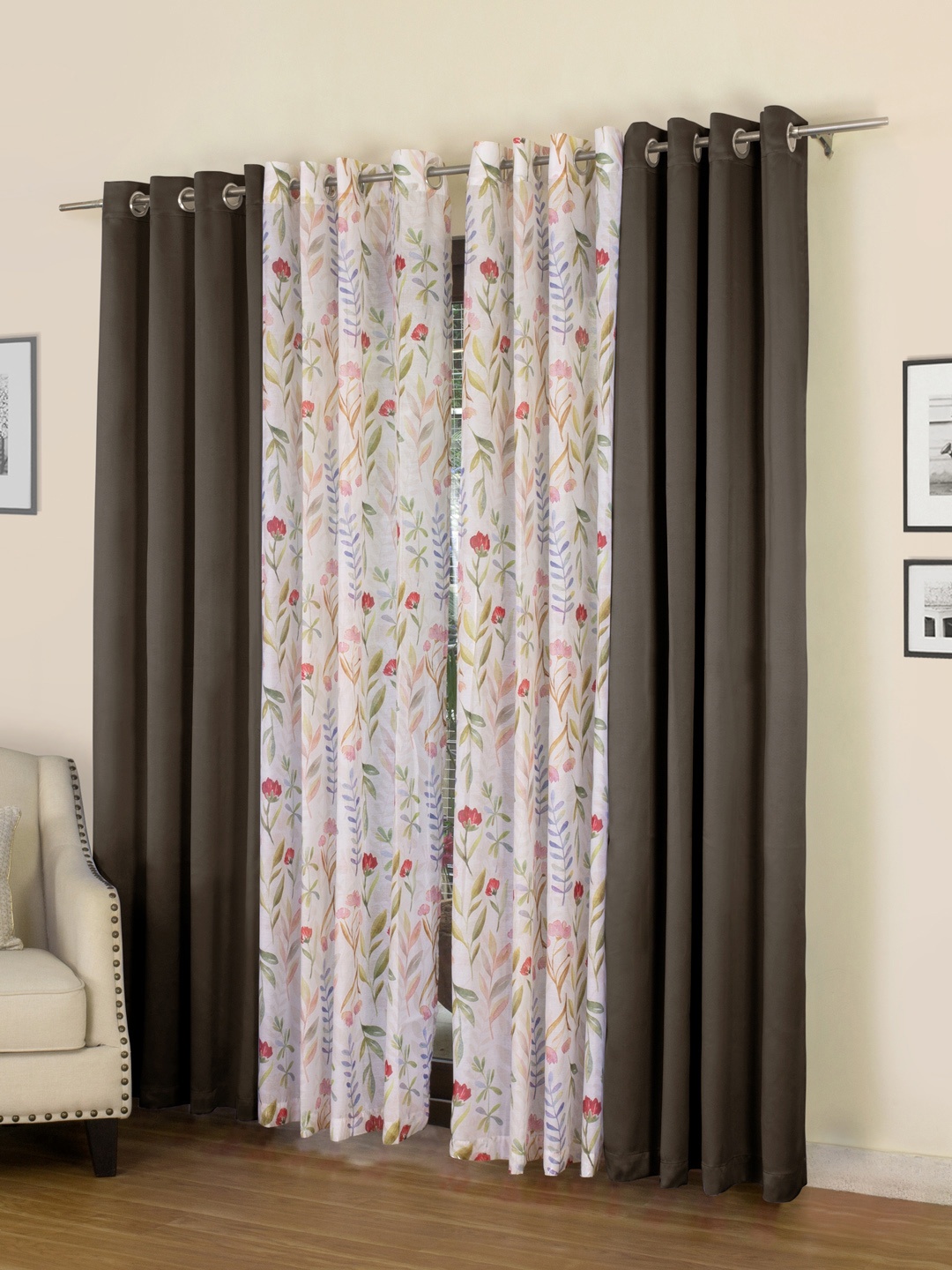 

ROSARA HOME Set of 4 Brown & Off-White Black Out Door Curtains