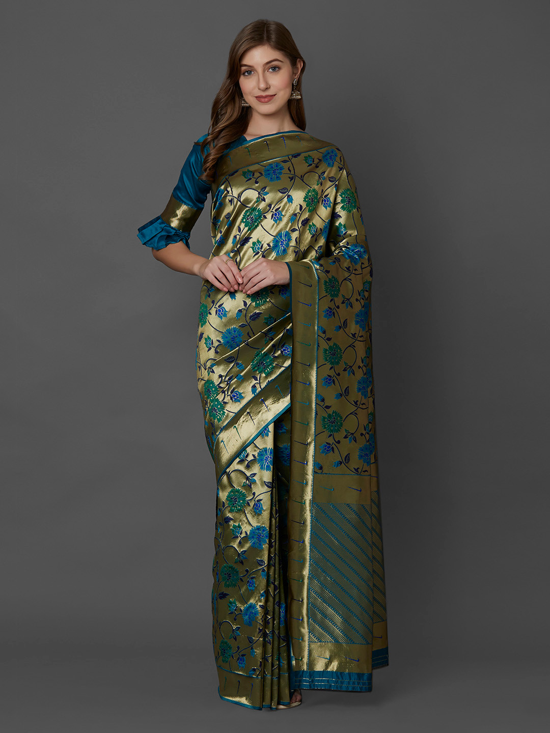 

Mitera Teal Blue & Gold-Toned Silk Blend Woven Design Kanjeevaram Saree