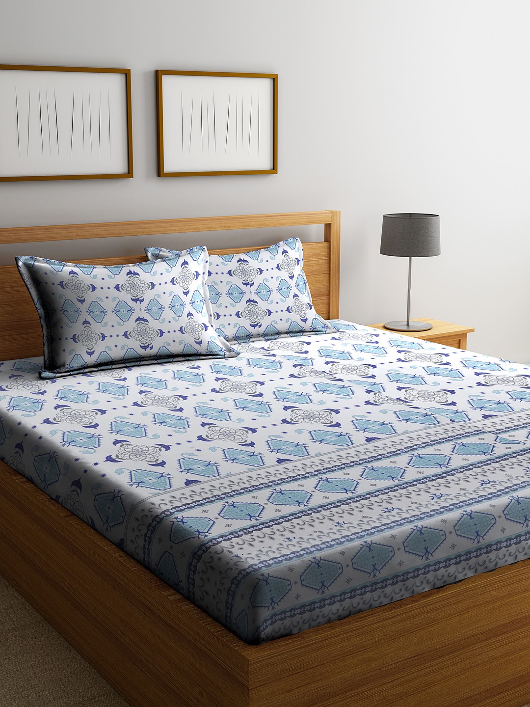 Cortina Multicoloured Ethnic Motifs 144 TC Cotton 1 Queen Bedsheet with 2 Pillow Covers, Multi
