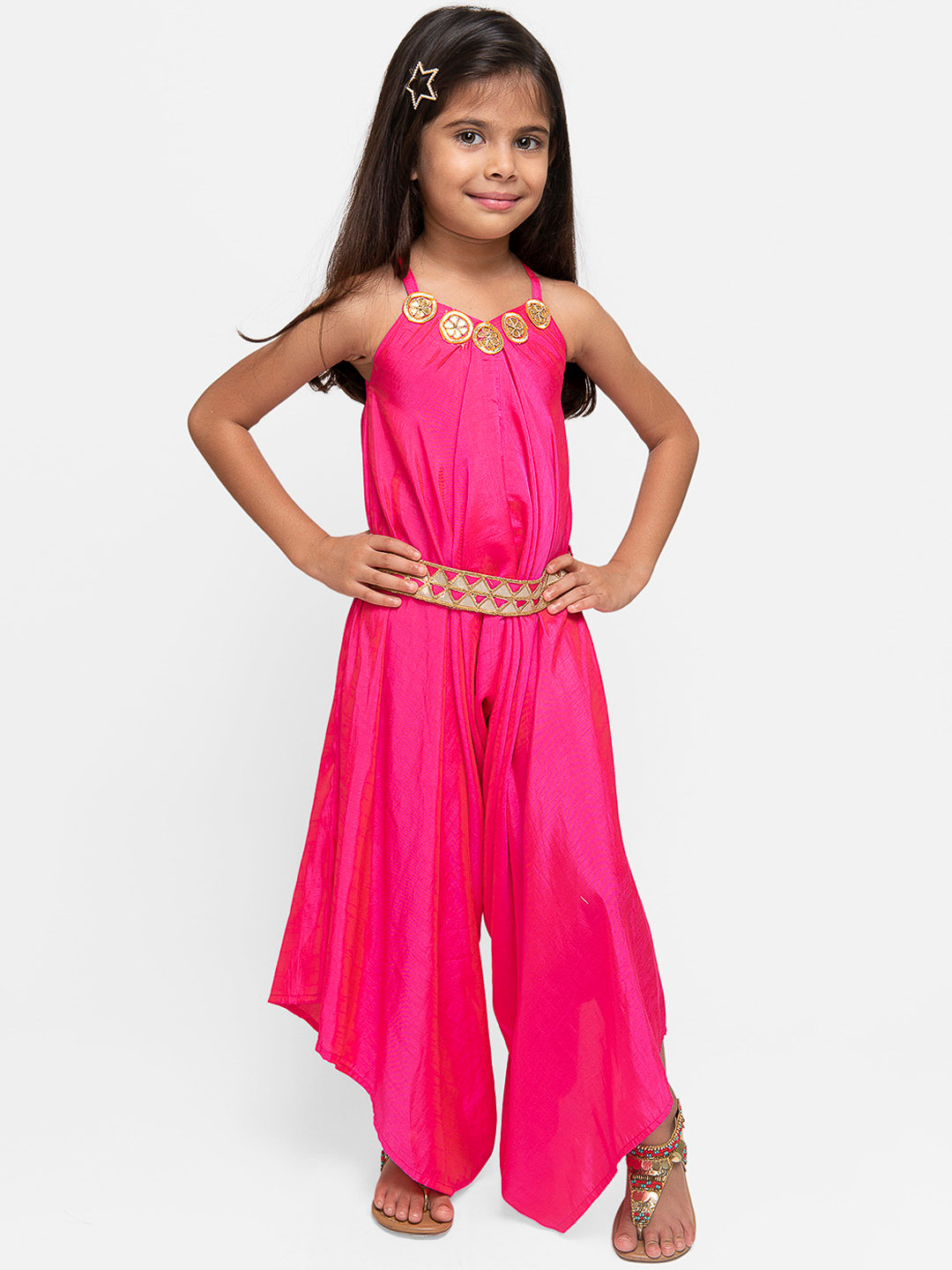 

Fairies Forever Girls Pink Solid Dhoti Style Silk Jumpsuit