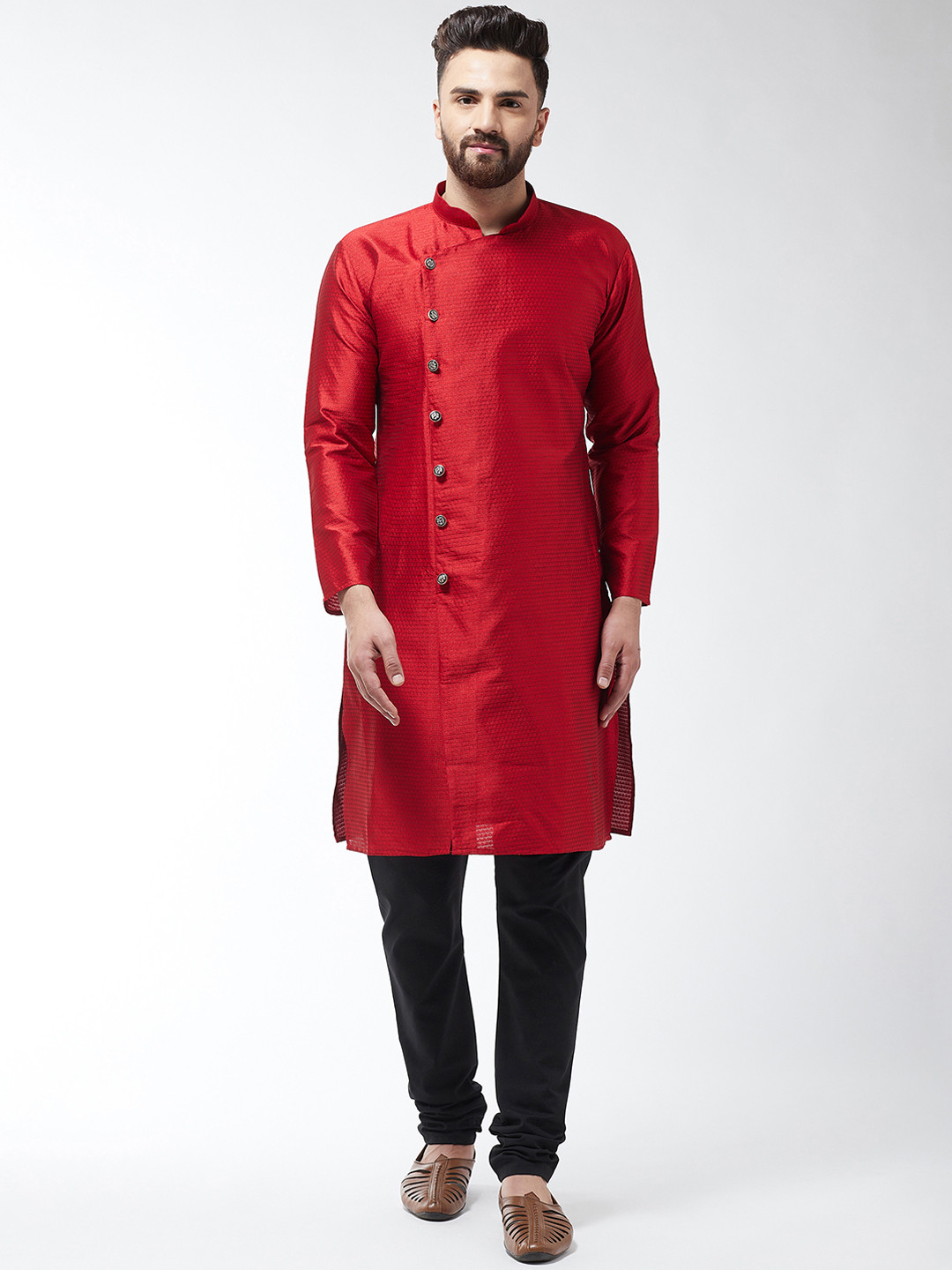 

SOJANYA Men Maroon & Black Self Design Kurta with Churidar