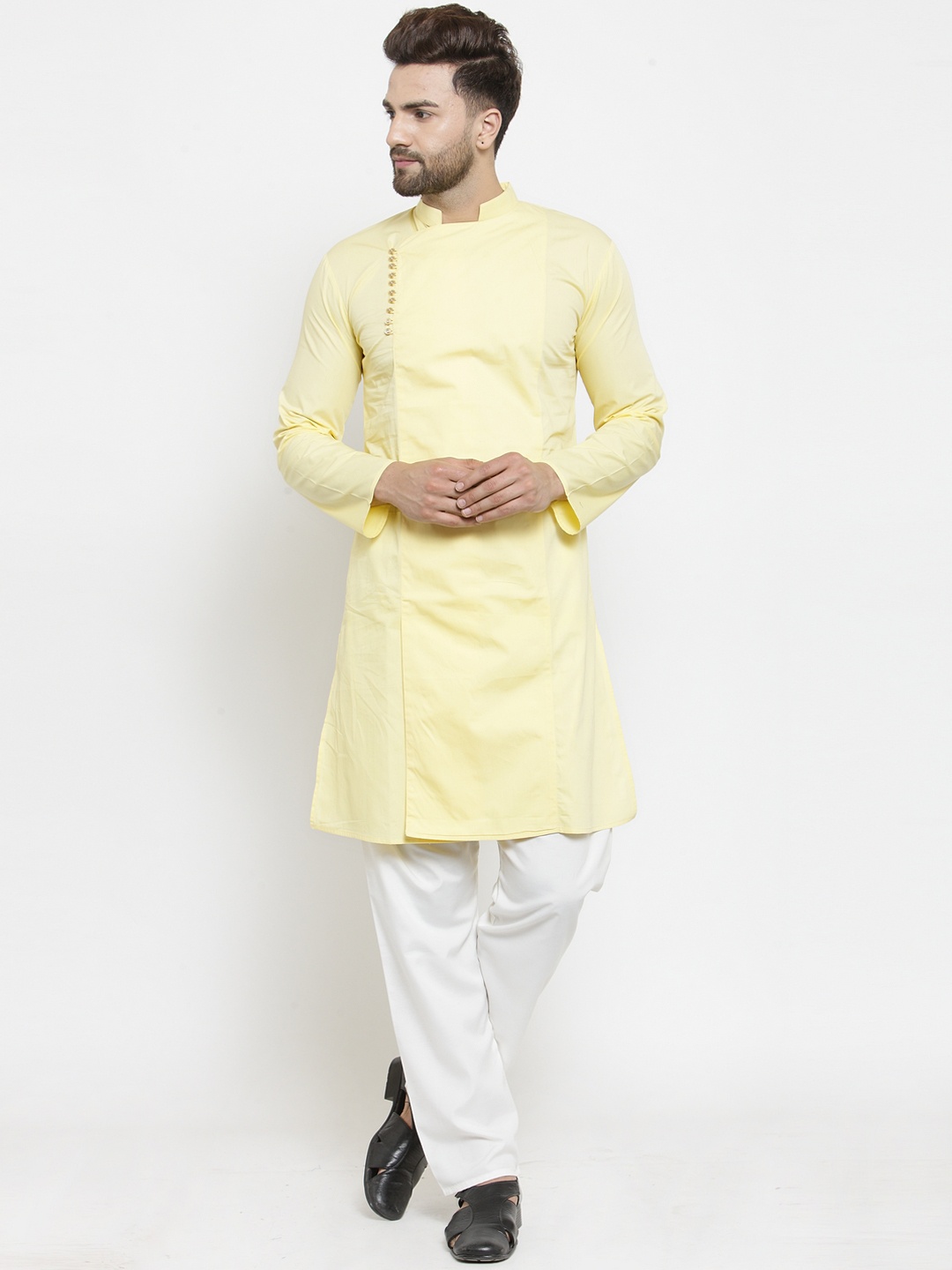 

Purple State Men Yellow & White Solid Kurta with Pyjamas