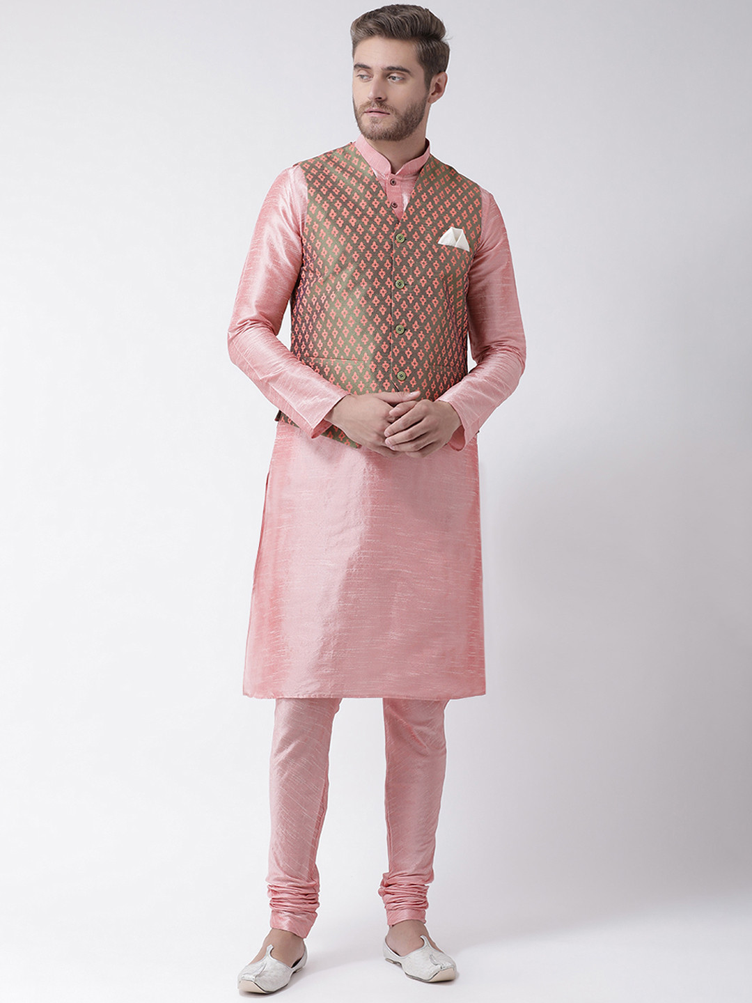 

DEYANN Men Pink & Green Self Design Kurta with Churidar
