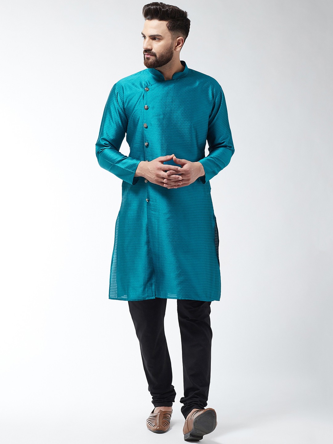 

SOJANYA Men Teal Blue & Black Self Design Kurta with Churidar