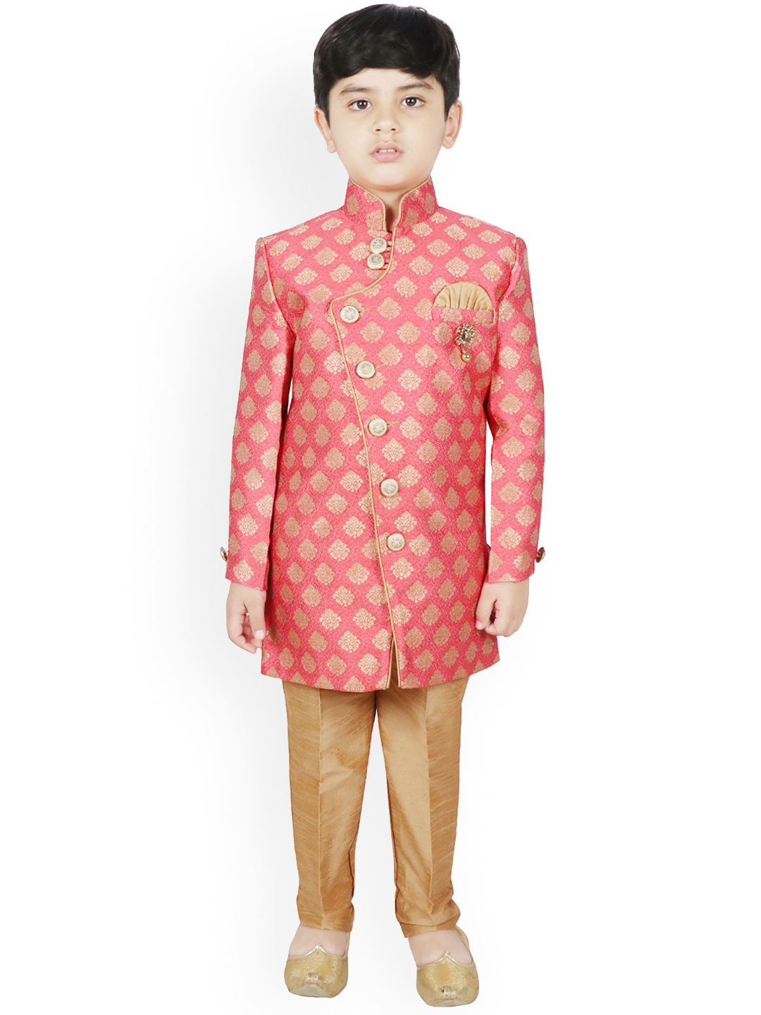 

SG YUVRAJ Boys Pink & Brown Silk Woven Design Sherwani Set