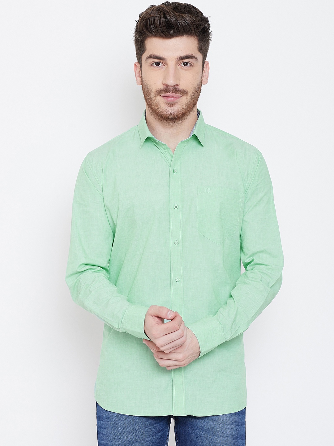 Duke Men Green Regular Fit Solid Casual Shirt