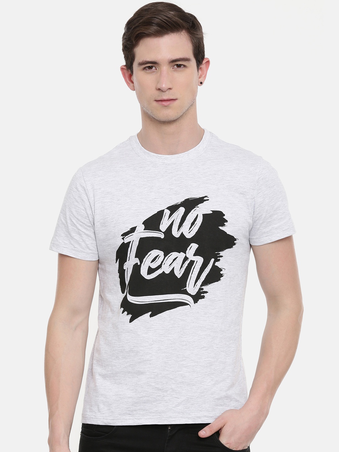 

Bushirt Men Grey Melange Printed Round Neck Pure Cotton T-shirt