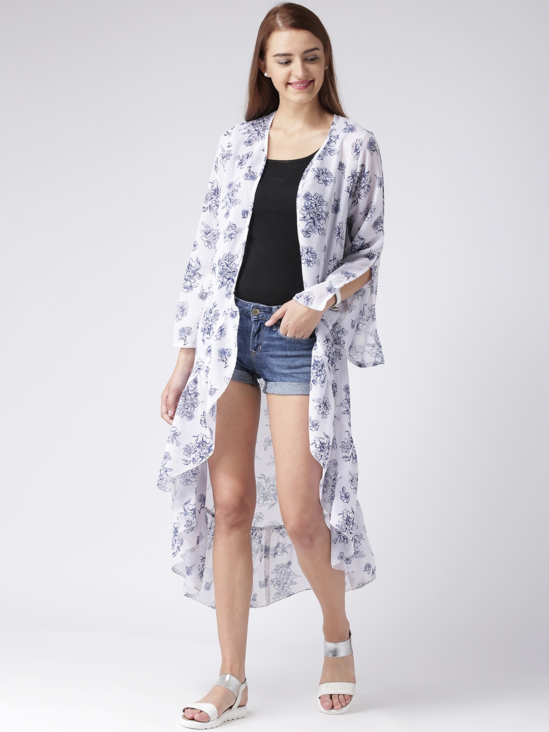 

KASSUALLY Women White & Blue Printed Waterfall Shrug