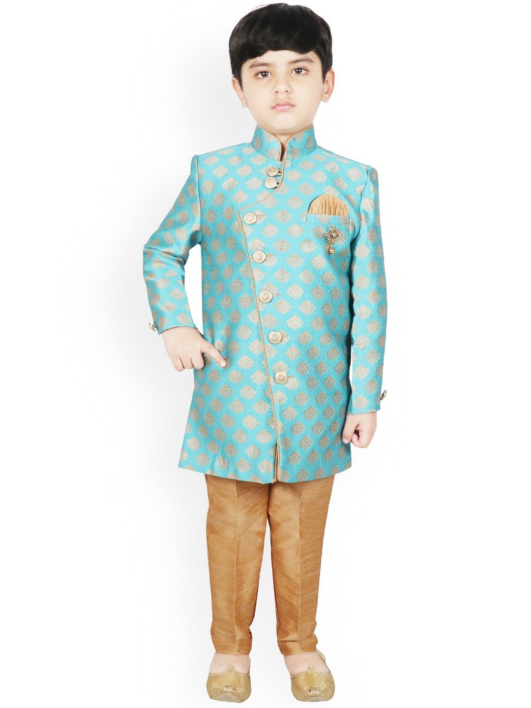 

SG YUVRAJ Boys Turquoise Blue & Brown Silk Woven Design Sherwani Set