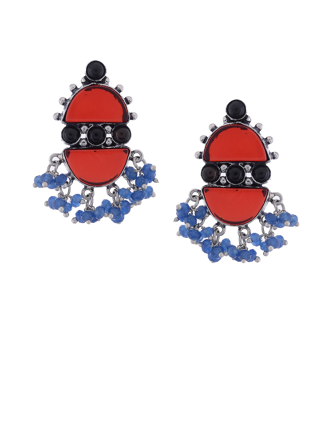 Silvermerc Designs Silver-Toned & Red Circular Drop Earrings