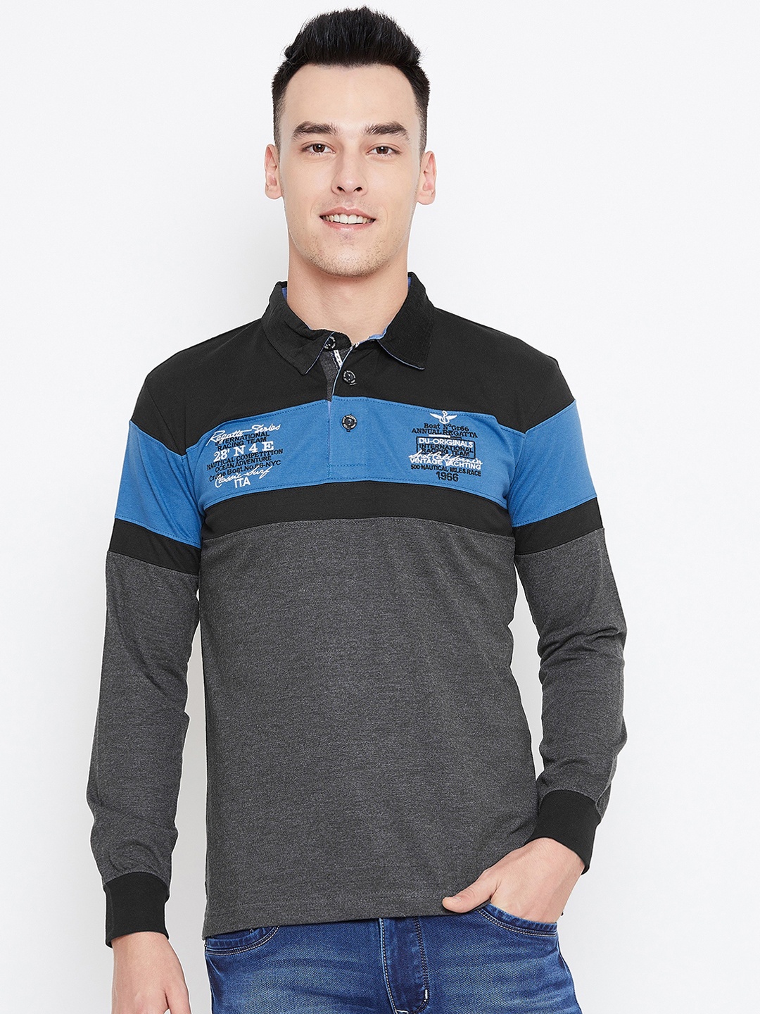 

Duke Men Grey & Blue Colourblocked Polo Collar T-shirt