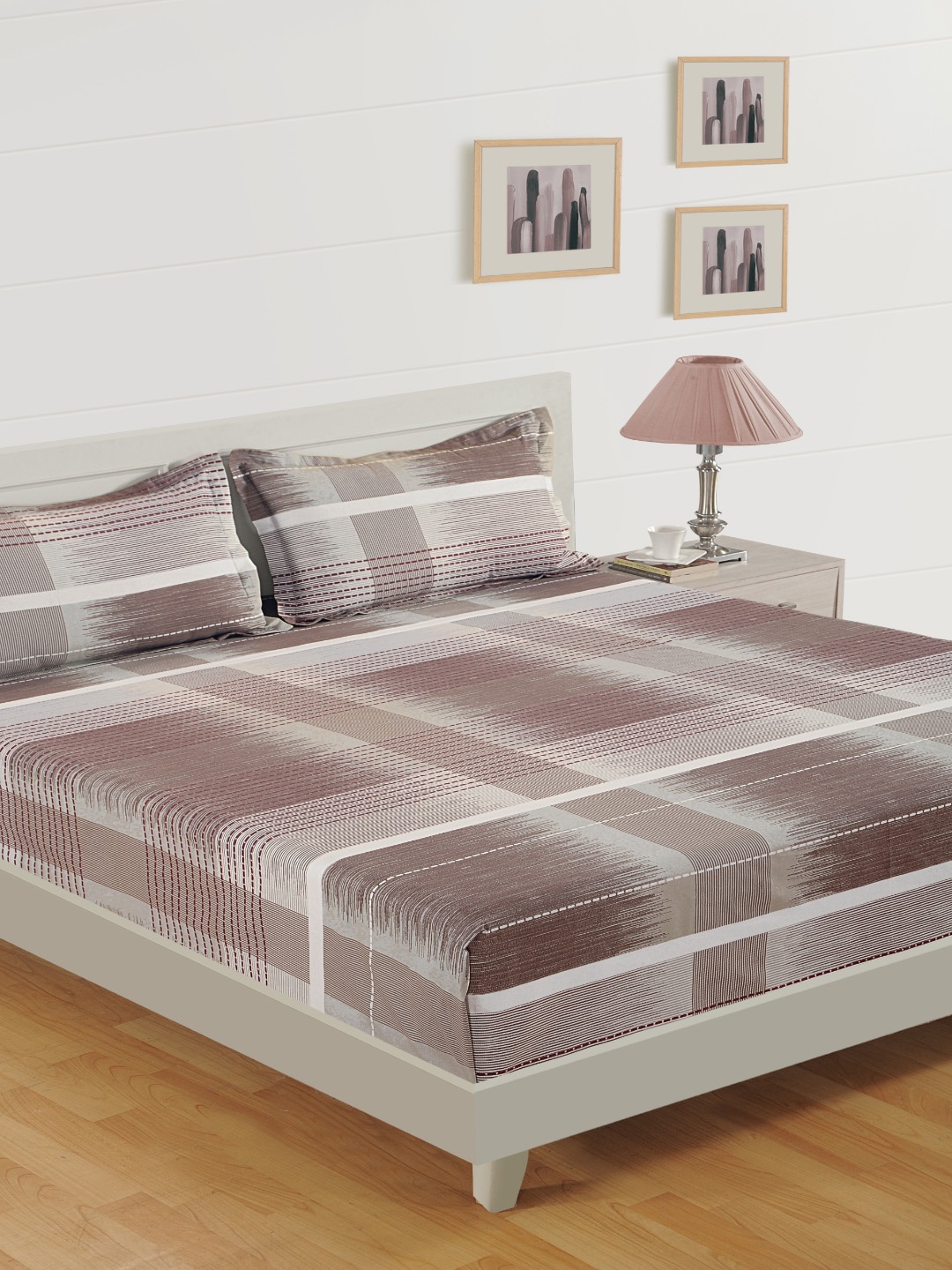 

SWAYAM Brown & Maroon Checked 160 TC Cotton 1 Queen Bedsheet with 2 Pillow Covers