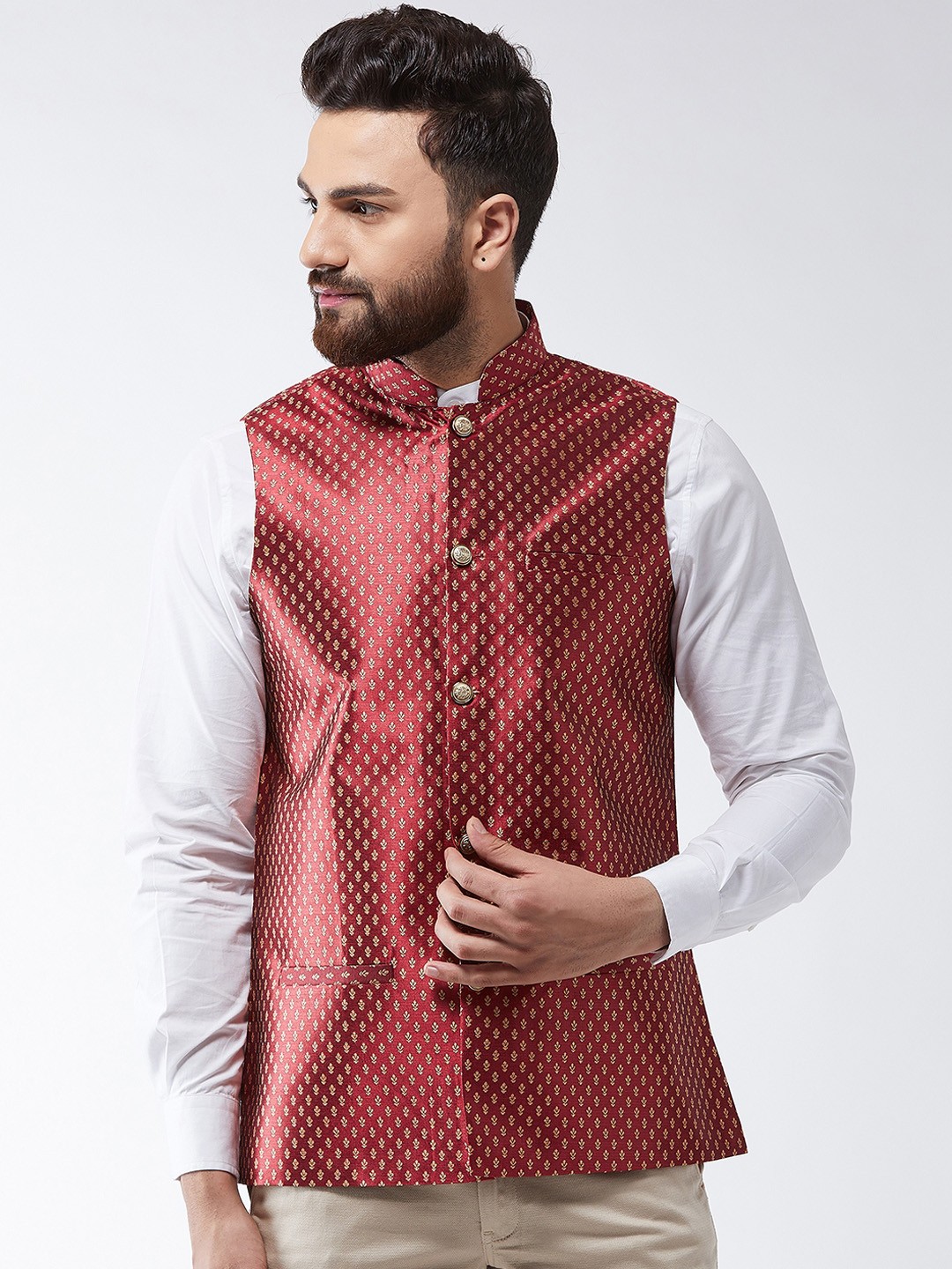 

SOJANYA Maroon & Gold Woven Design Nehru Jacket