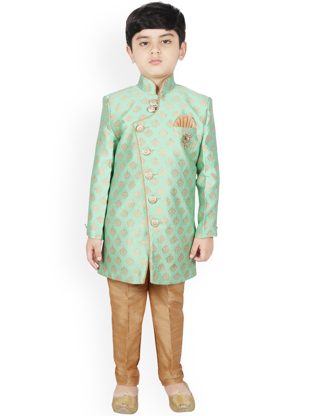 

SG YUVRAJ Boys Green & Brown Silk Woven Design Sherwani Set
