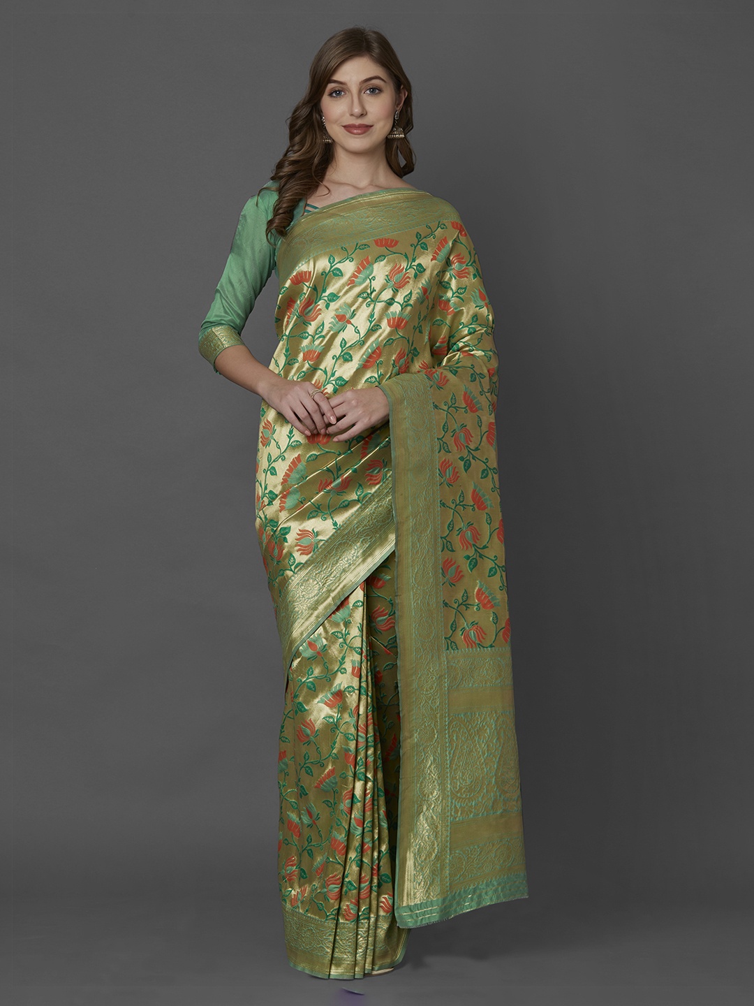 

Mitera Green & Orange Silk Blend Woven Design Kanjeevaram Saree