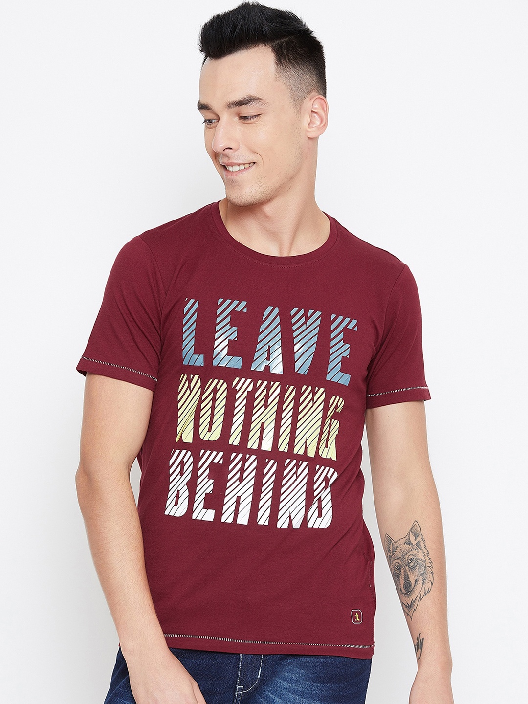 Duke Men Burgundy Printed Round Neck T-shirt
