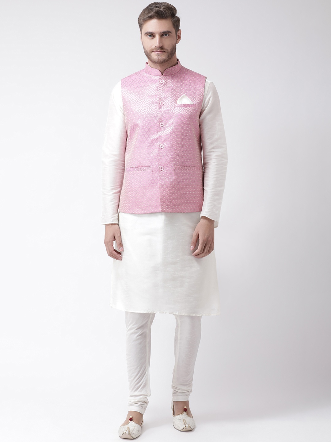 DEYANN Men Pink & Off-White Solid Kurta with Churidar and Nehru Jacket