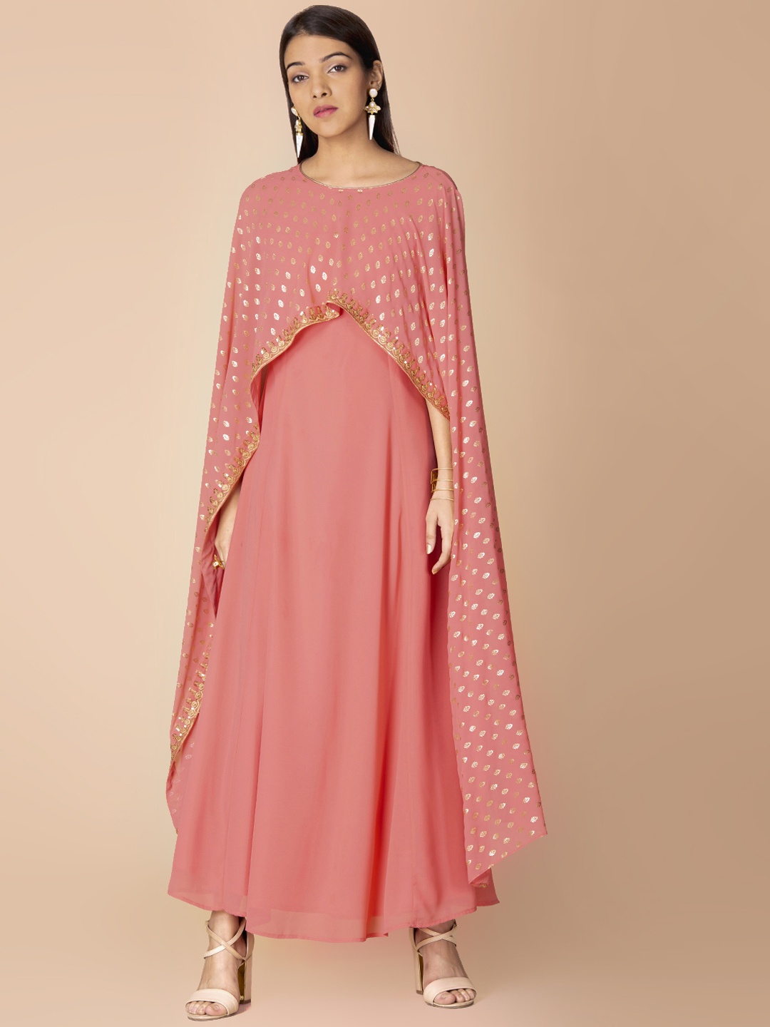 

INDYA Pink Maxi Tunic With Attached Foil Cape Dupatta