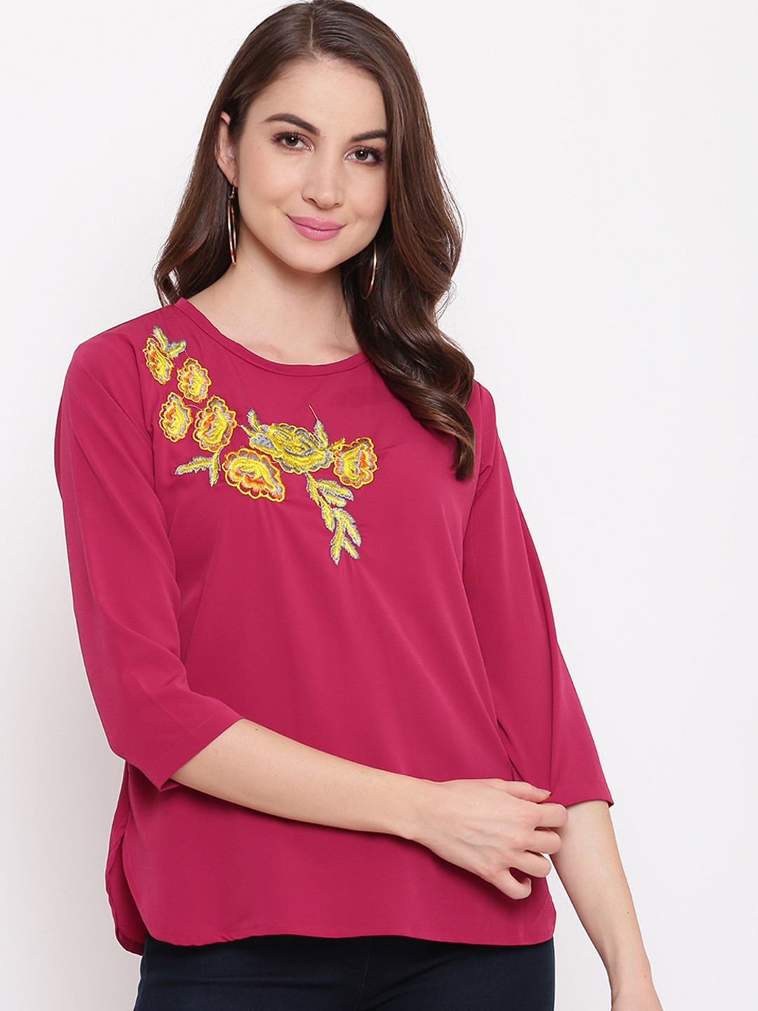 

Mayra Women Pink & Yellow Solid Top