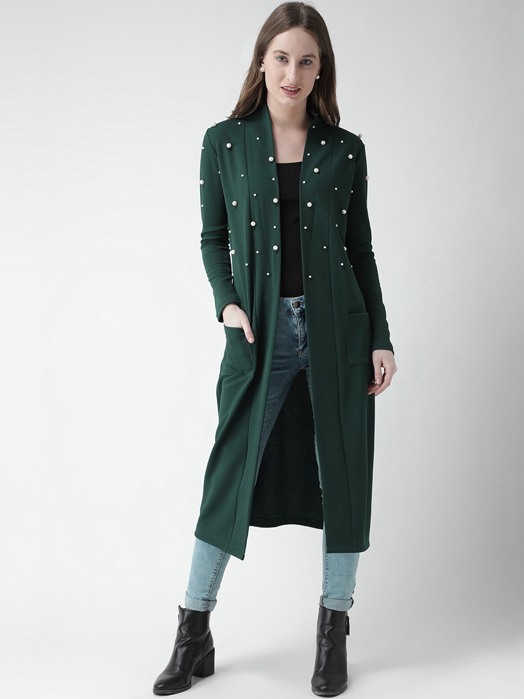 

KASSUALLY Women Green Embellished Open Front Shrug