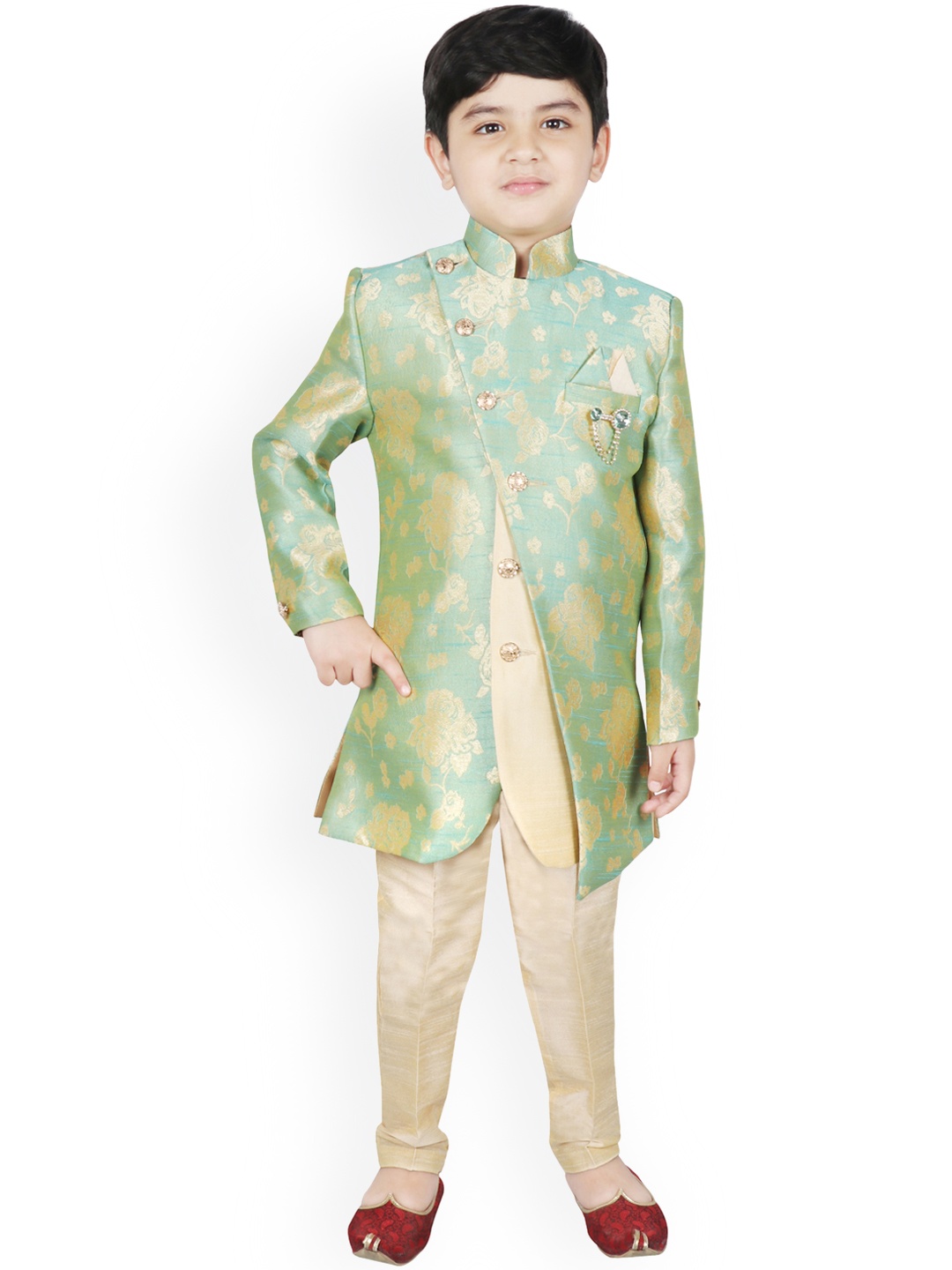 

SG YUVRAJ Boys Green & Beige Silk Woven Design Sherwani Set