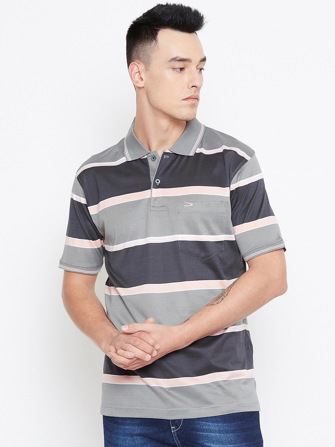 

Duke Men Grey And Black Striped Polo Collar T-shirt