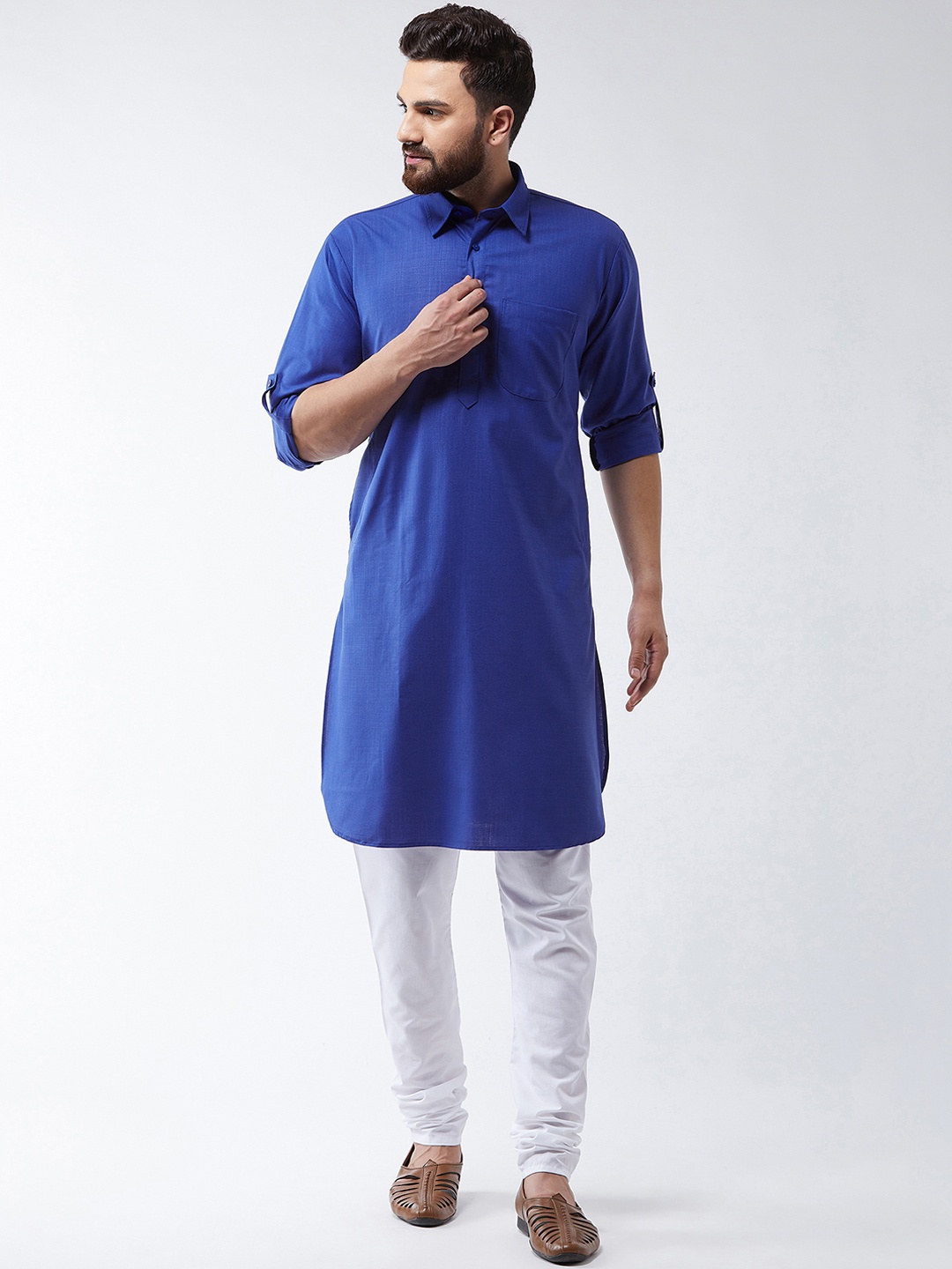 

SOJANYA Men Blue & White Solid Pathani Kurta with Churidar