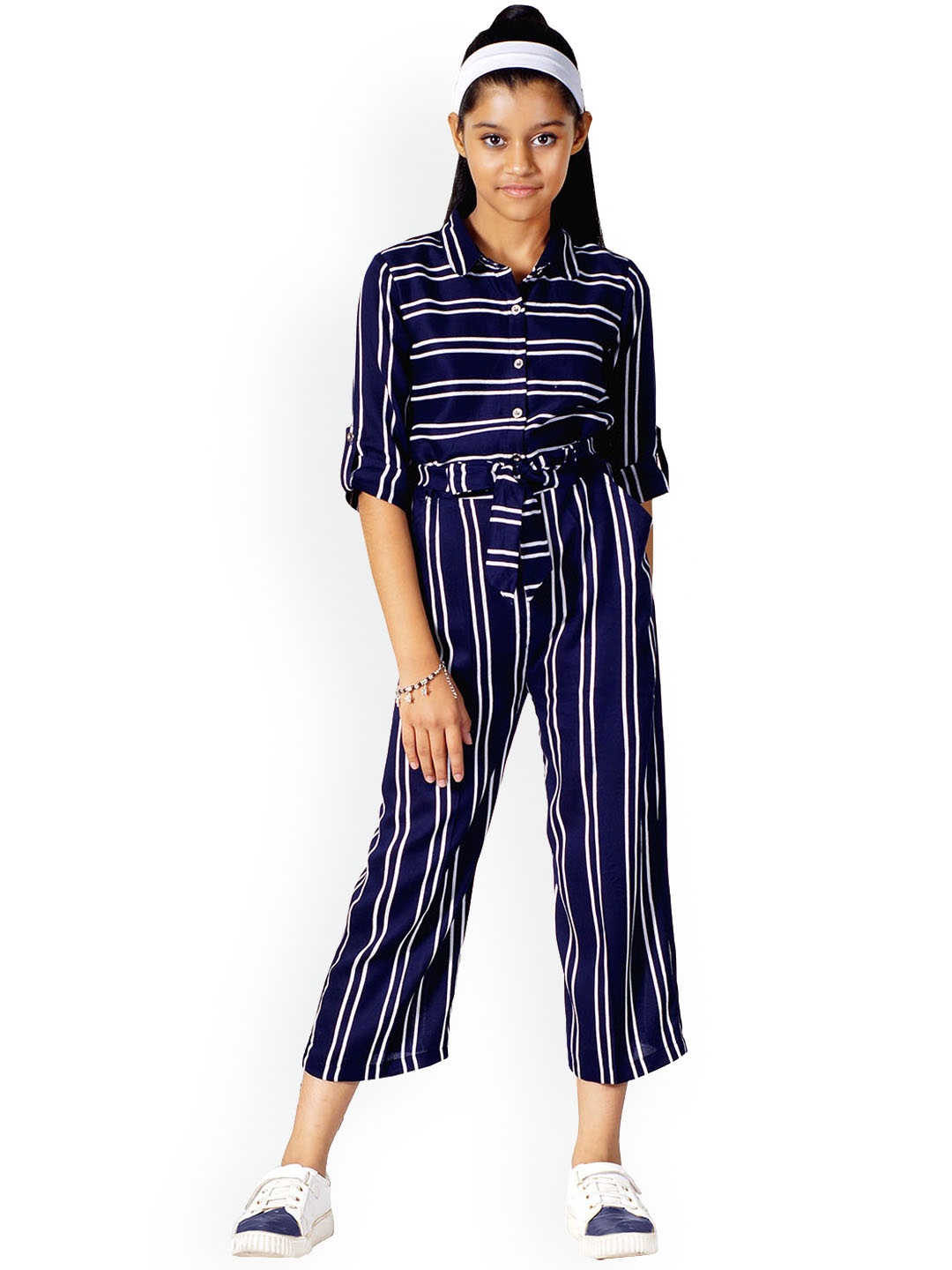 

Naughty Ninos Girls Navy Blue & White Striped Basic Jumpsuit