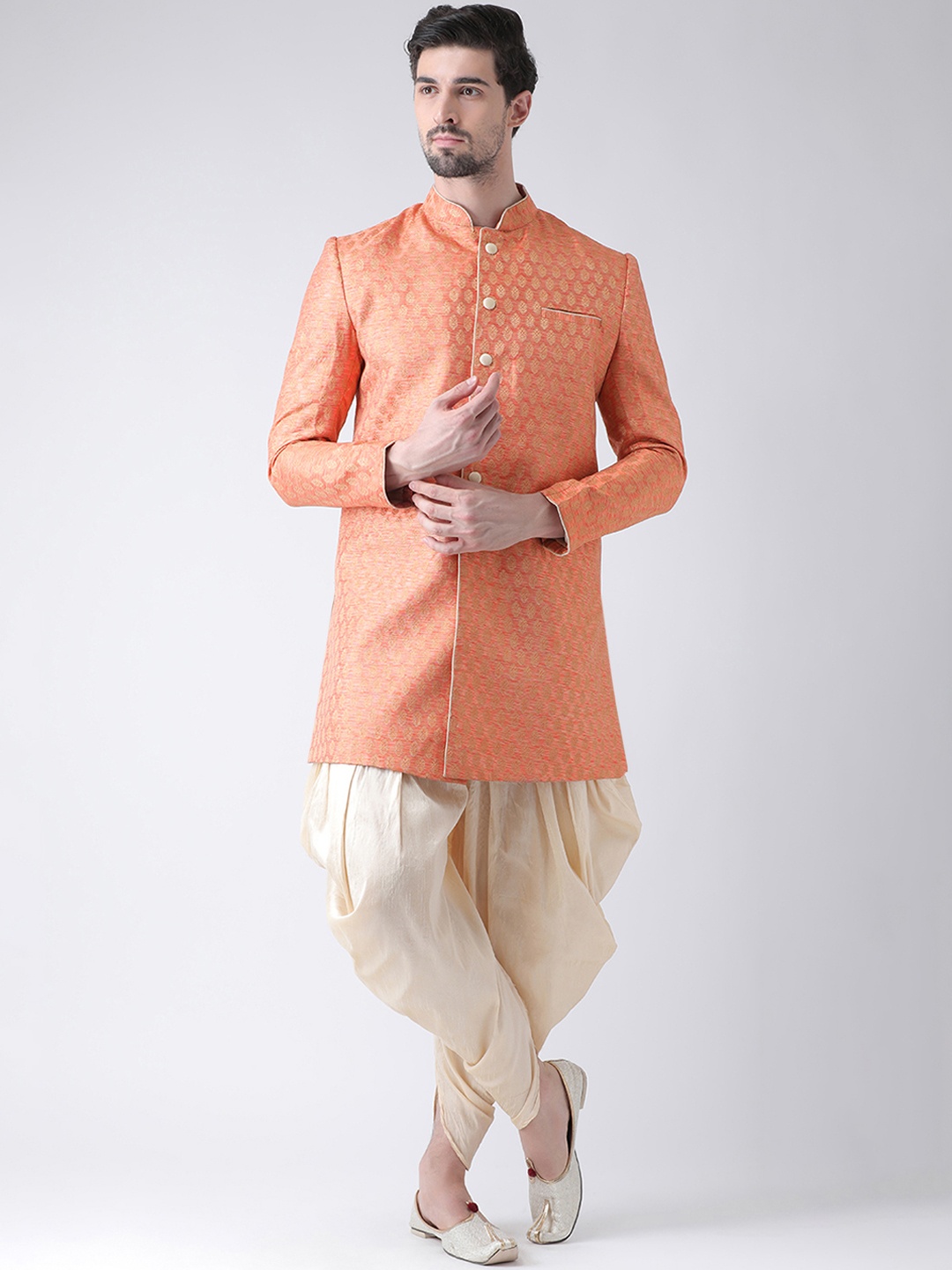 

DEYANN Men Orange & Cream-Coloured Sherwani With Dhoti Pants