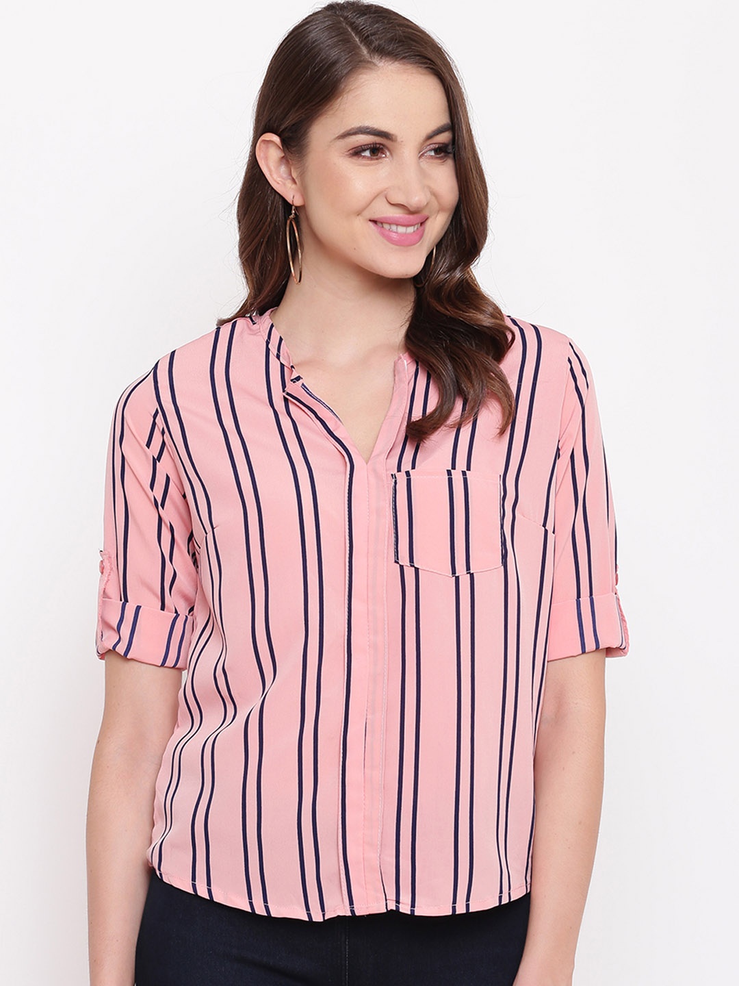 

Mayra Pink & Navy Blue Candy Striped Top