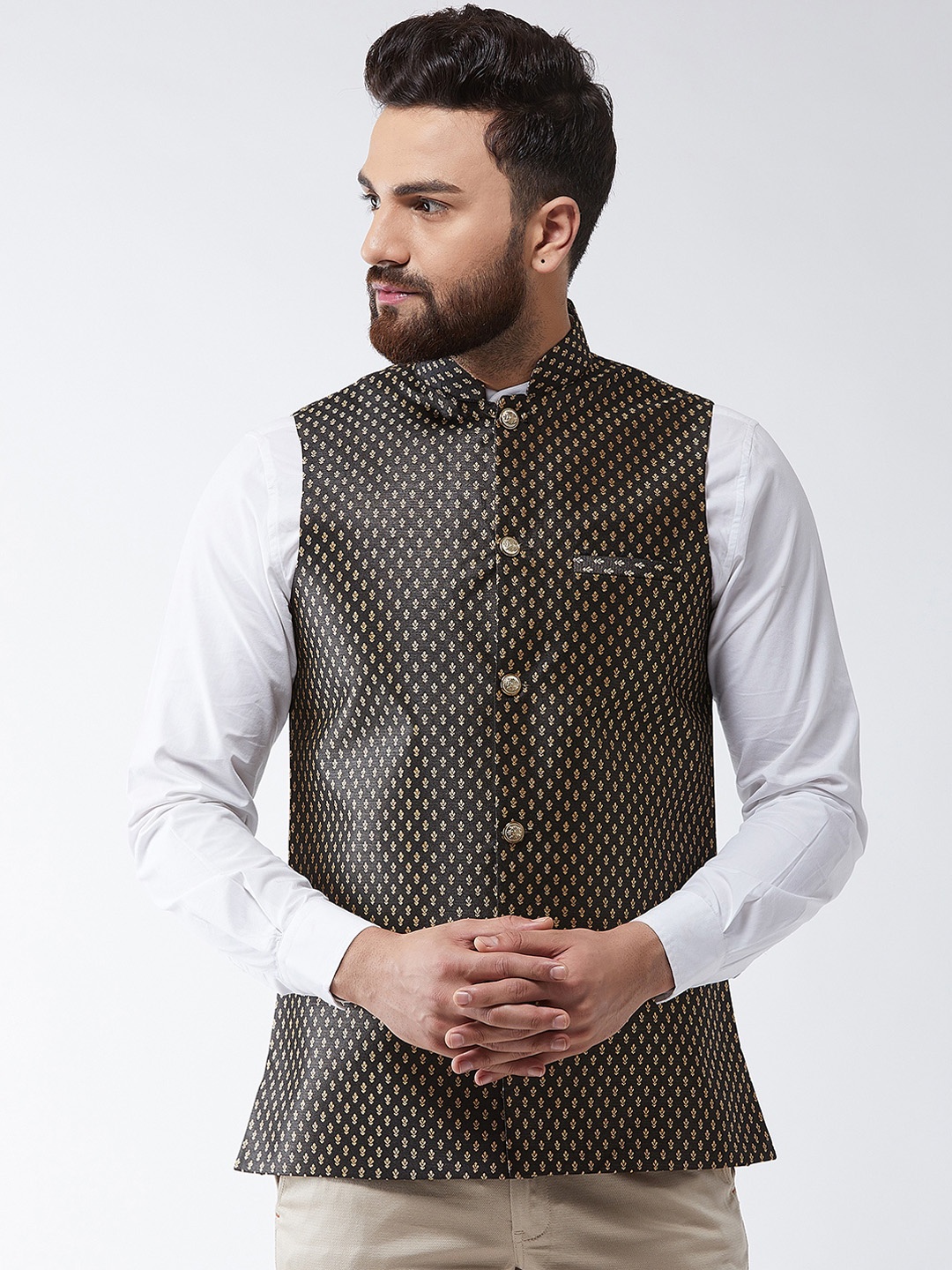 

SOJANYA Men Black & Gold-Coloured Woven Design Nehru Jacket