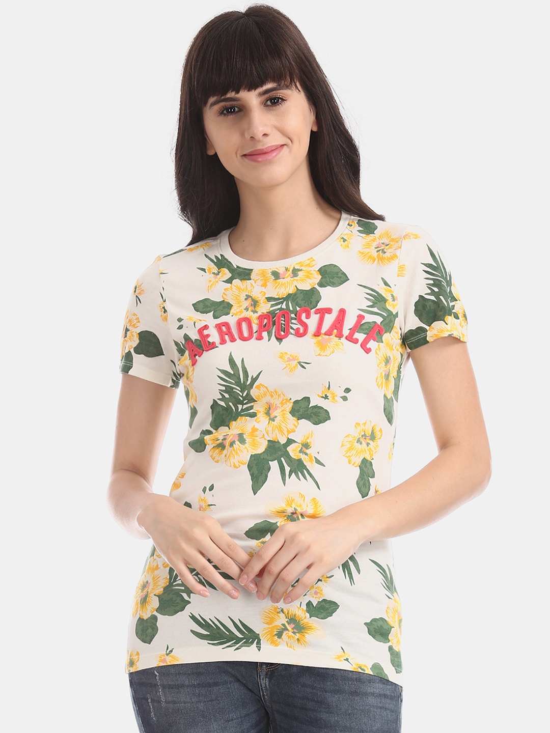 

Aeropostale Women White Floral Print Printed Round Neck T-shirt