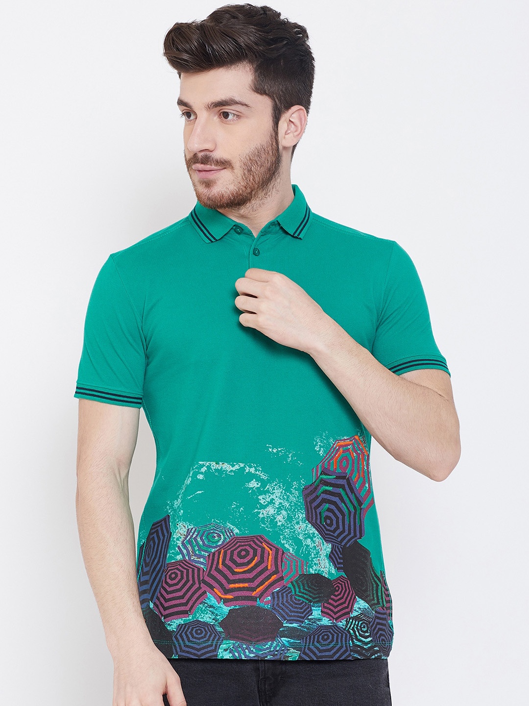 

Duke Men Green Printed Polo Collar T-shirt