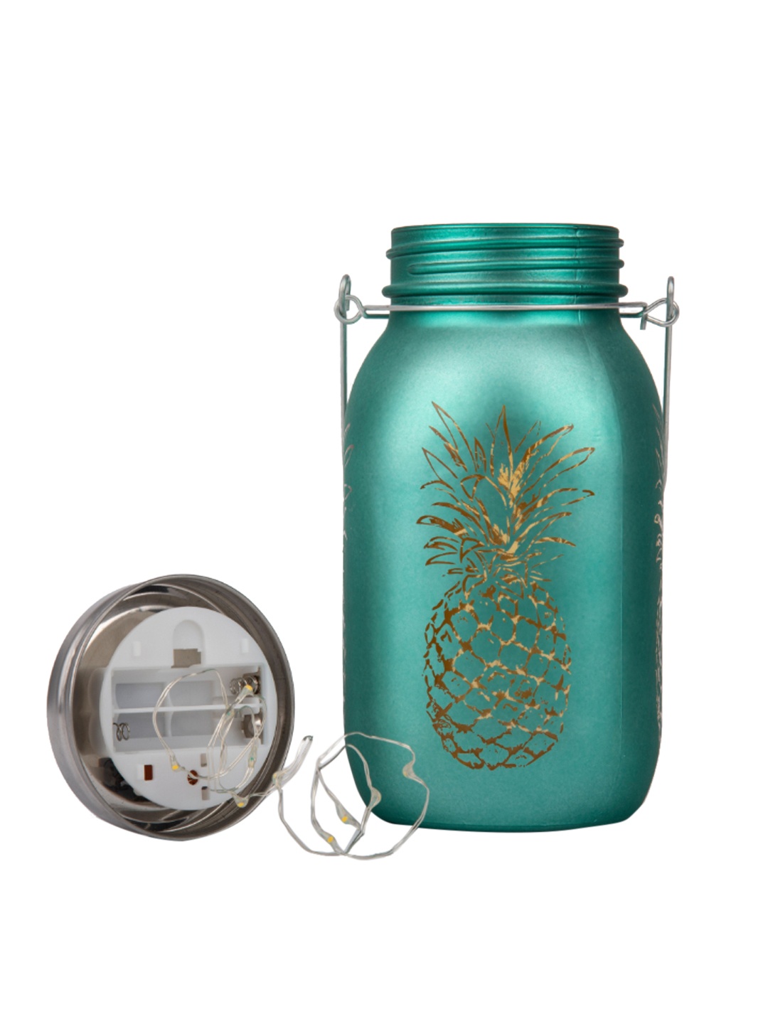 

HomeTown Teal Green Printed Pineapple Cutout Mason Jar Bedside Lamp