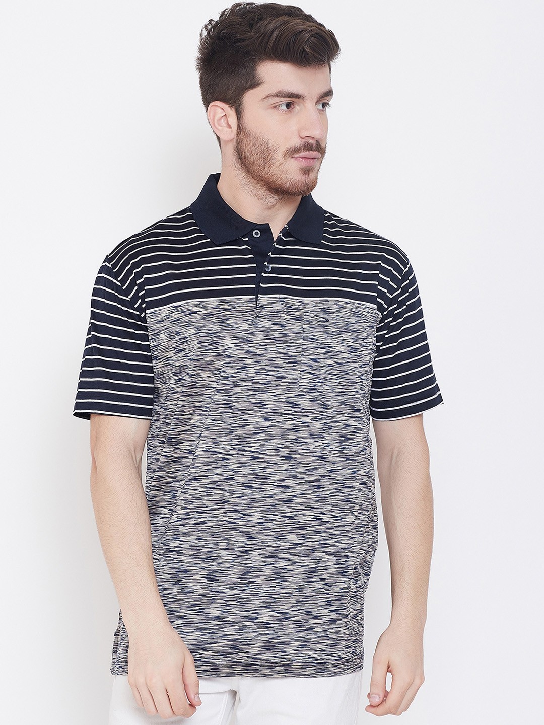 

Duke Men Blue & White Striped Polo Collar T-shirt