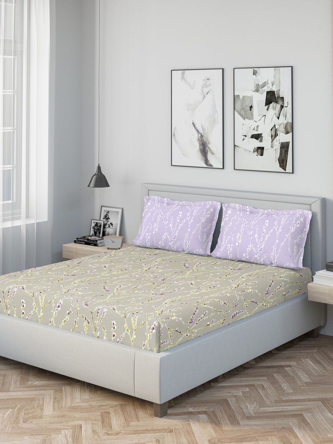 

DDecor Beige Floral 1000 TC Cotton 1 King Bedsheet with 2 Pillow Covers