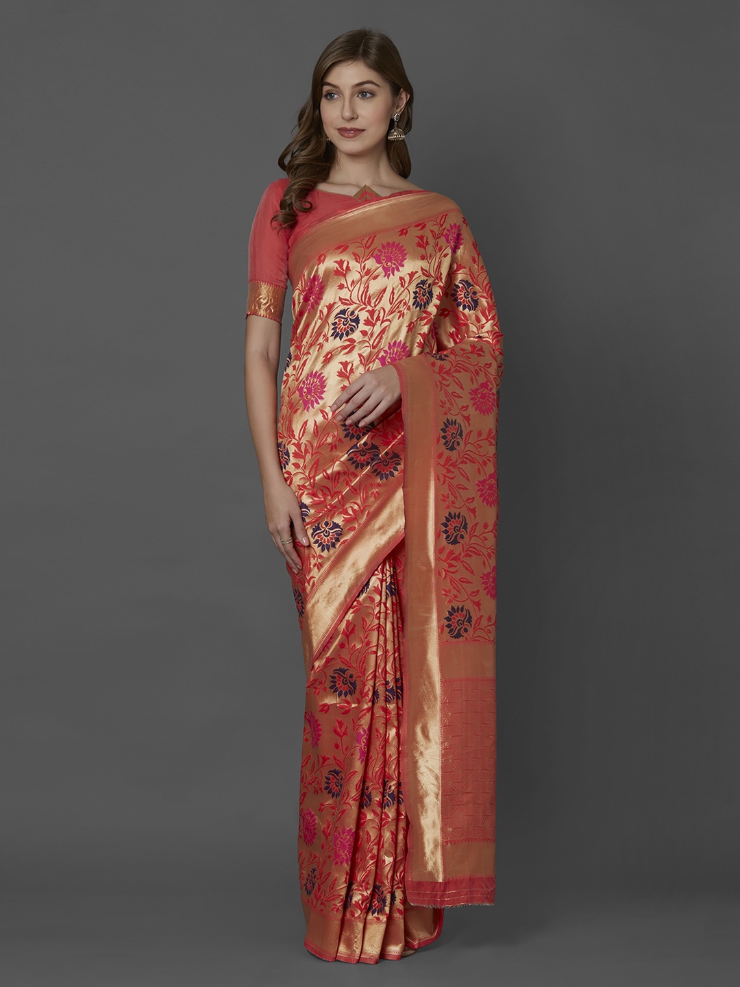 

Mitera Peach-Coloured & Gold-Toned Silk Blend Woven Design Kanjeevaram Saree