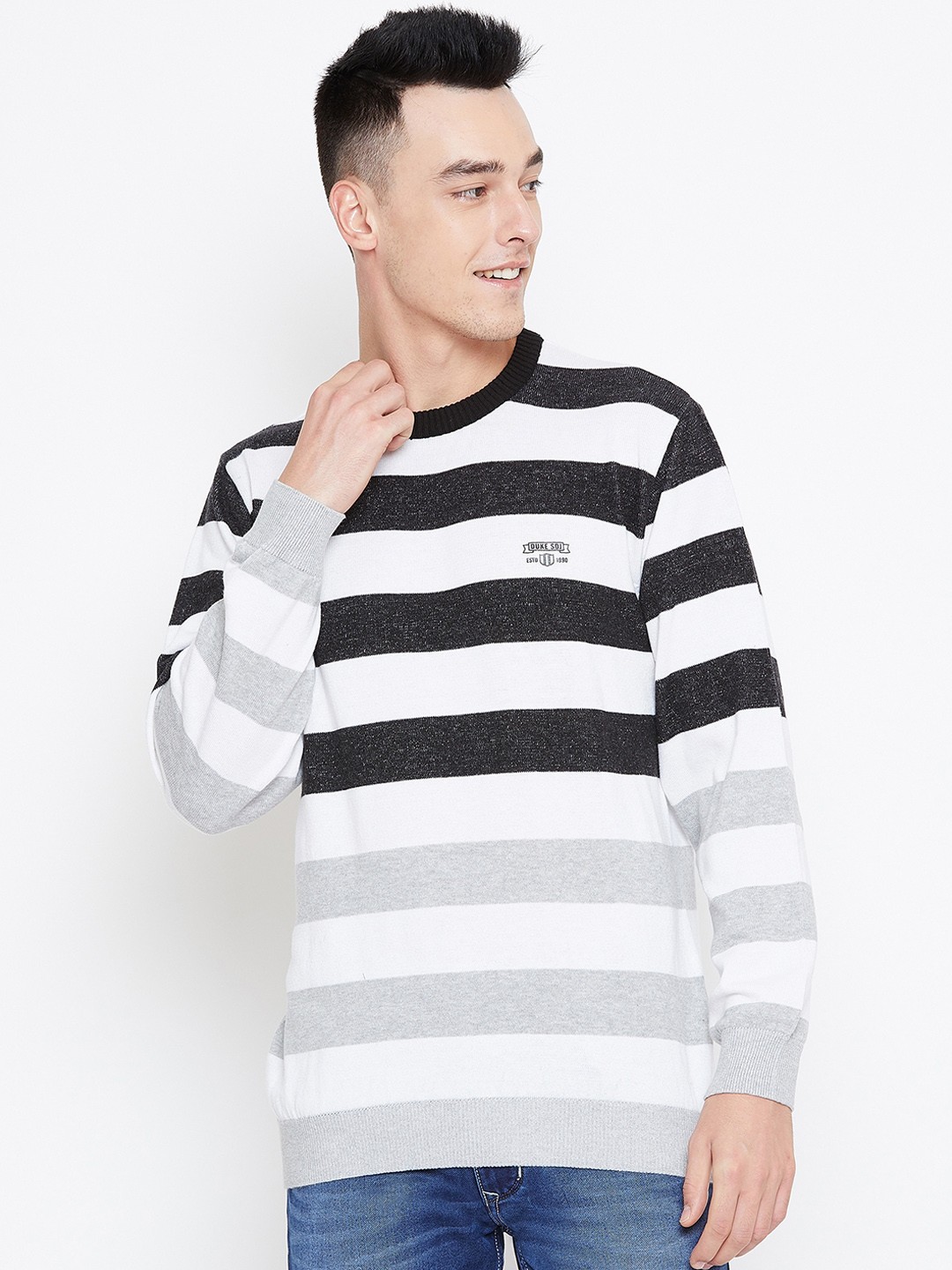

Duke Men Black & White Striped Sweater