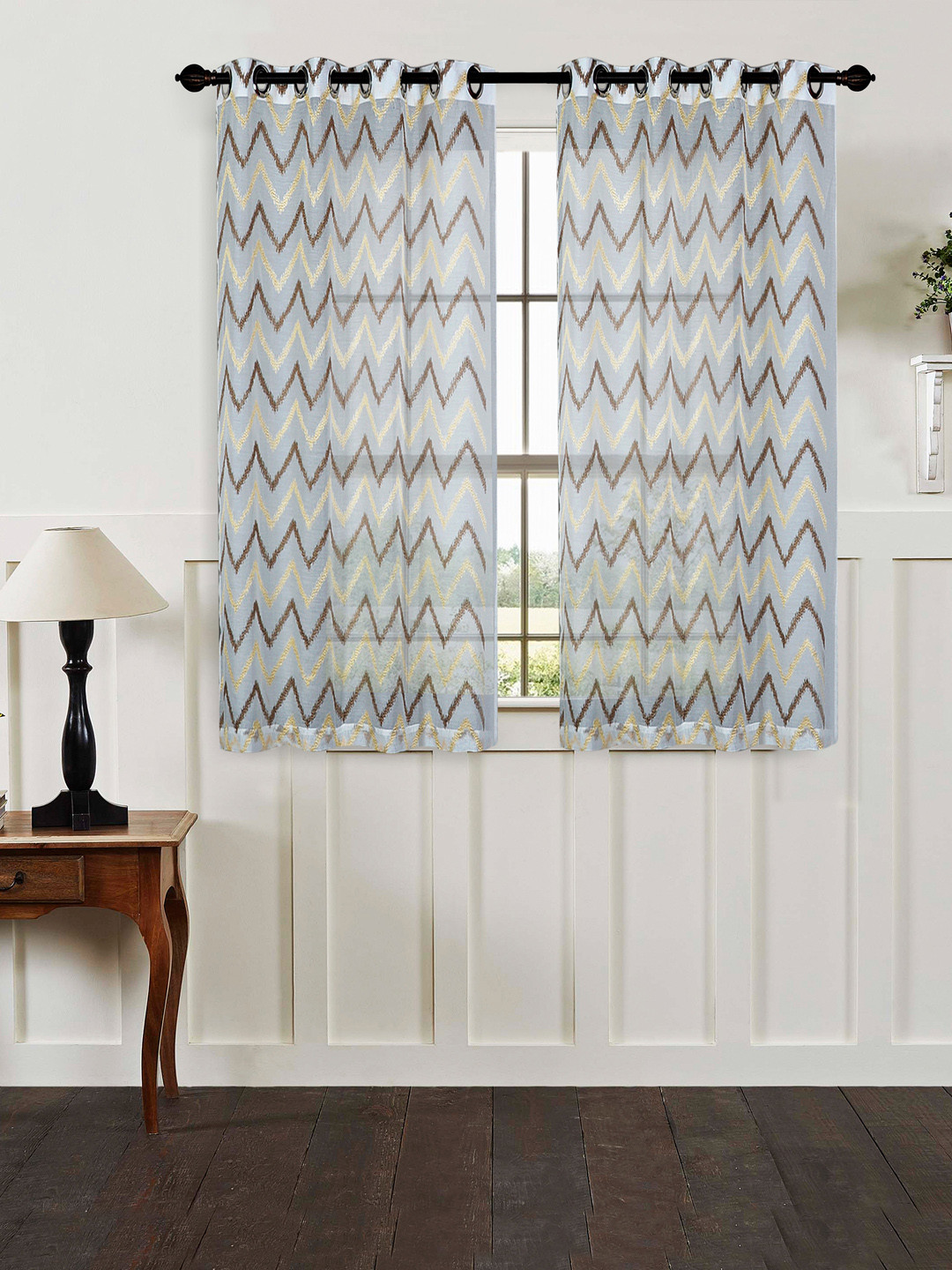 

Deco Window White & Brown Set of 2 Embroidered Sheer Window Curtains