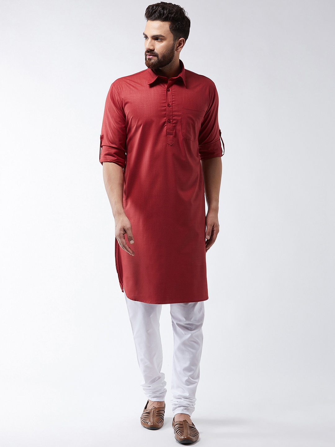 

SOJANYA Men Maroon & White Solid Pathani Kurta with Churidar