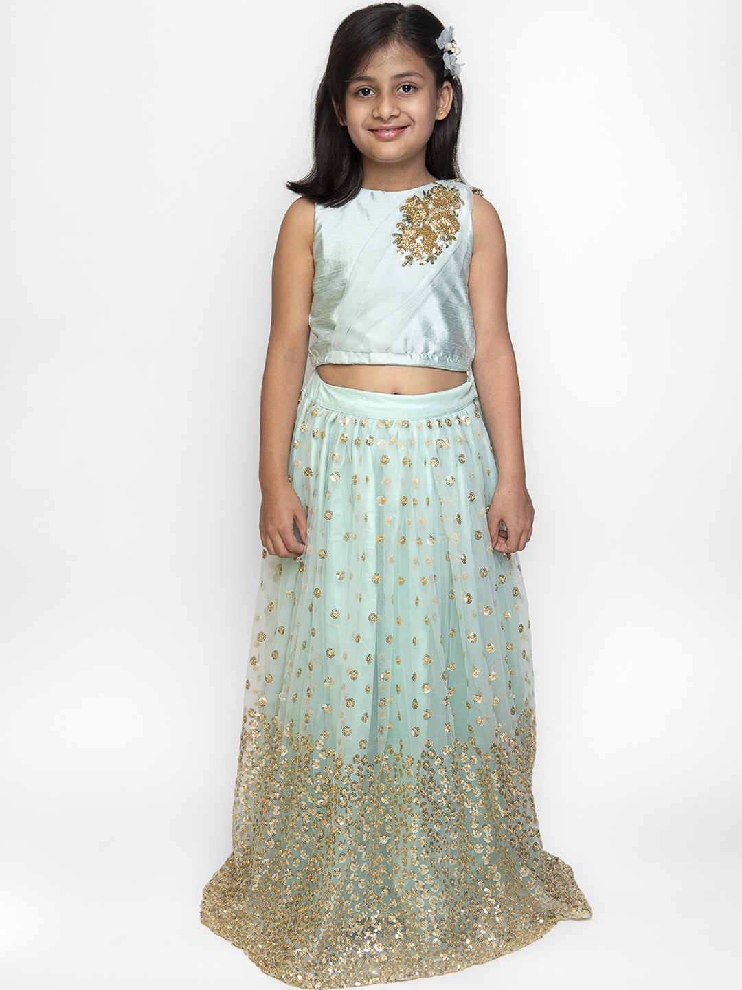 

Fairies Forever Girls Sea Green & Gold-Toned Embroidered Ready to Wear Lehenga & Blouse with Dupatta
