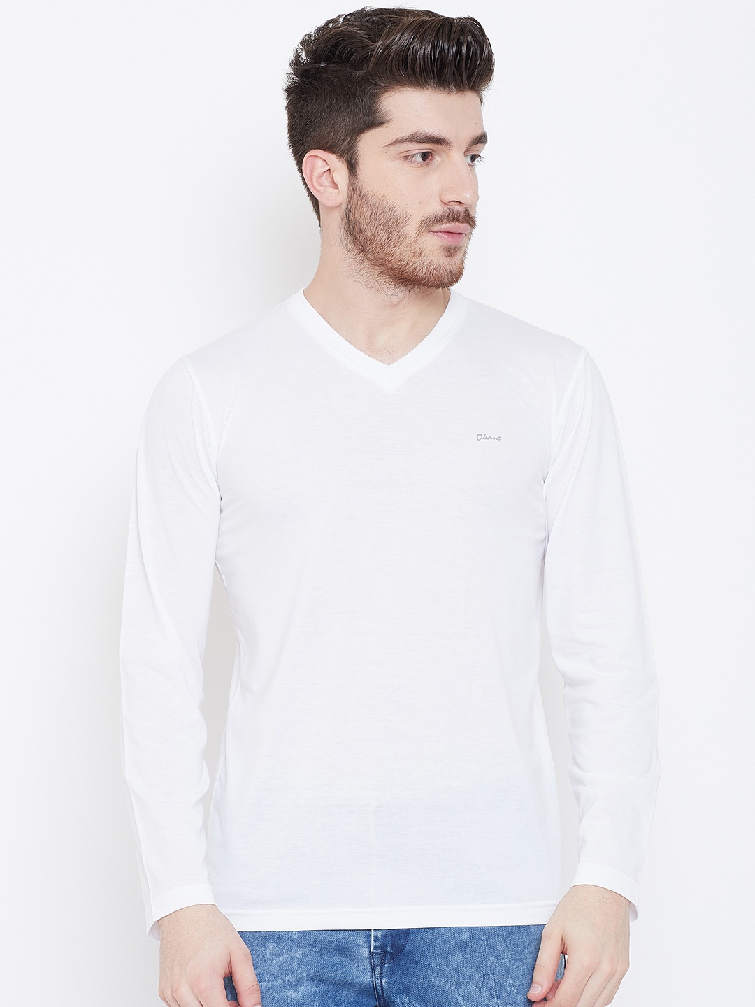 

Okane Men White Solid V-Neck T-shirt