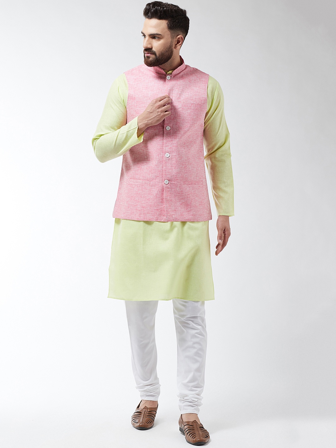 

SOJANYA Men Lime Green & White Solid Kurta And Churidar With Jacket
