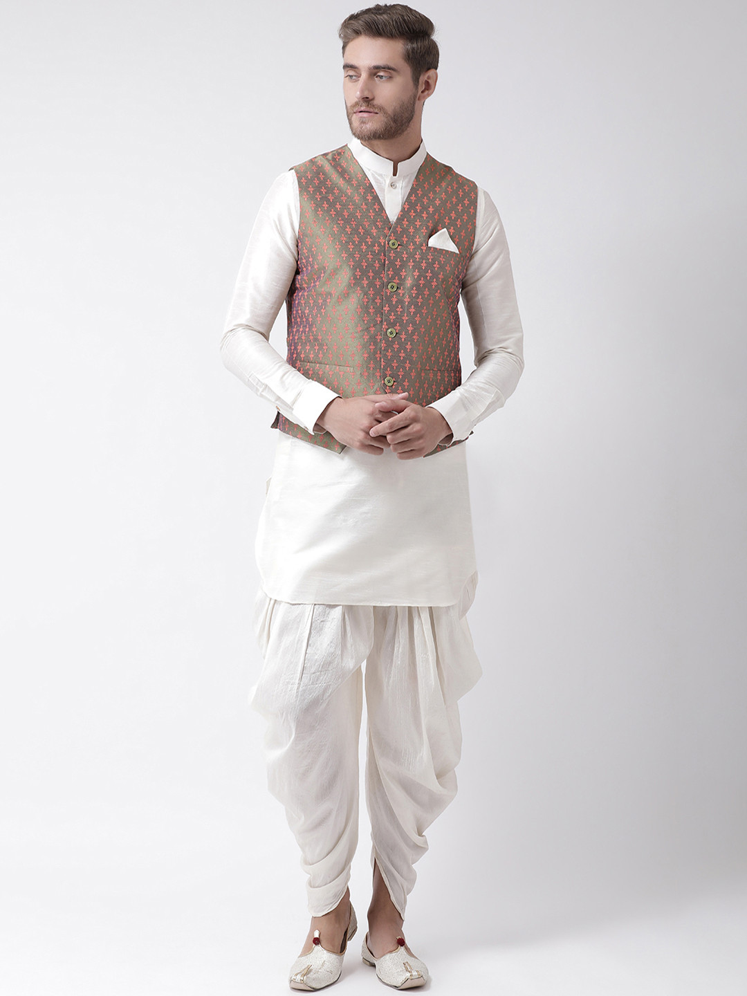 

DEYANN Men Off-White Solid Kurta with Dhoti Pants & Nehru Jacket