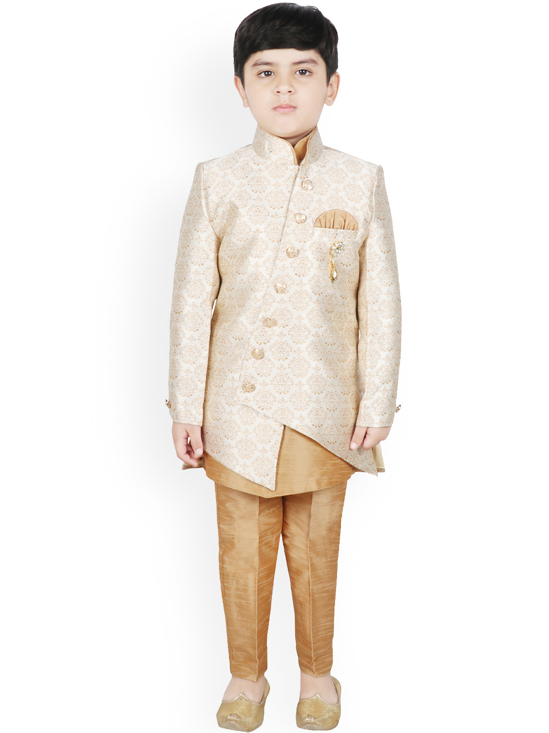 

SG YUVRAJ Boys Cream-Coloured & Beige Self Design Raw Silk Kurta with Trousers