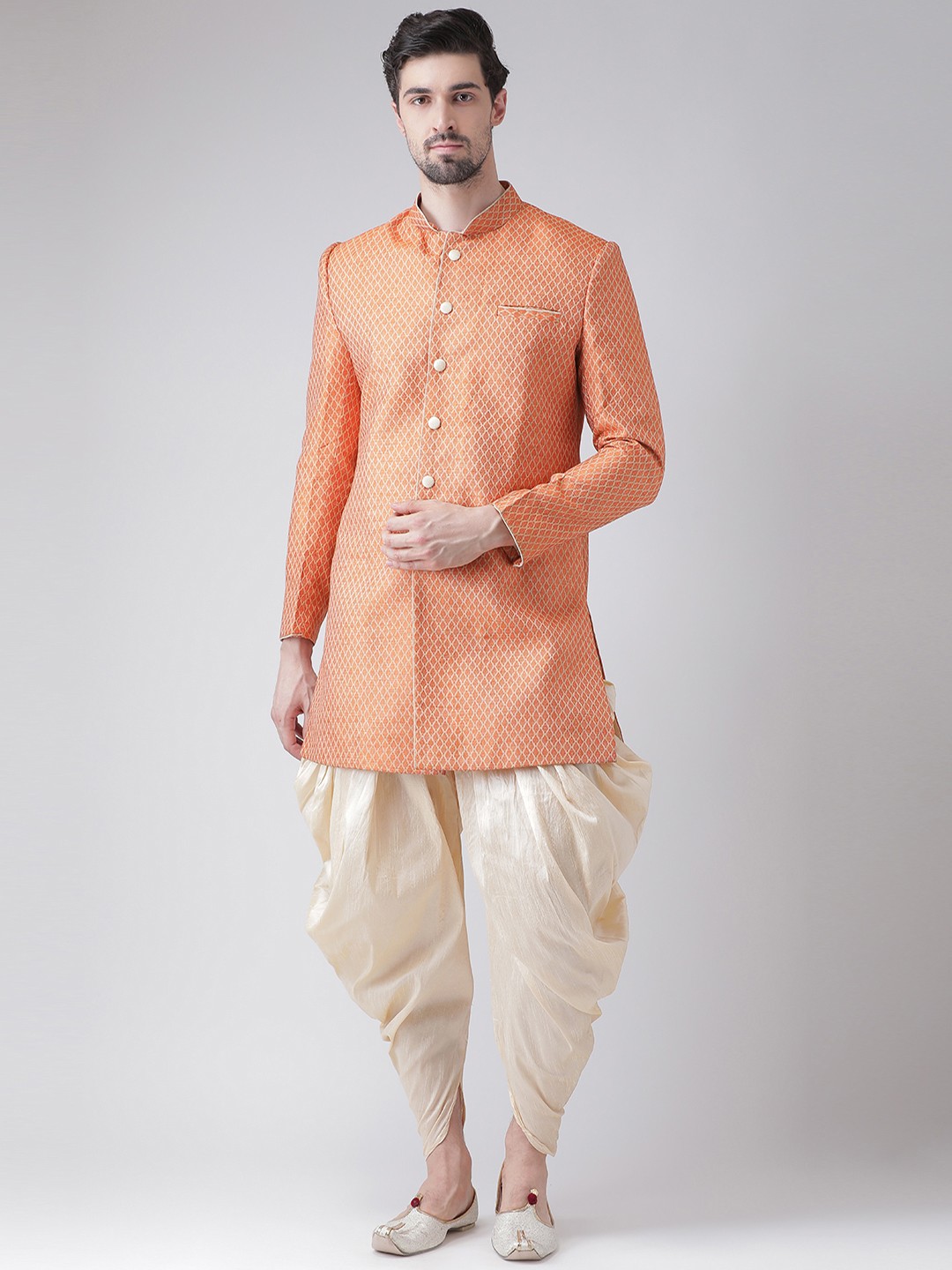

DEYANN Men Orange & Cream-Coloured Sherwani With Dhoti Pants
