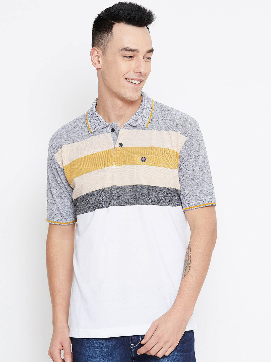 

Duke Men Off-White Striped Polo Collar T-shirt